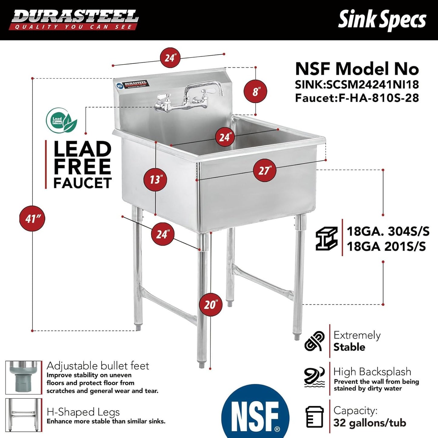 Pick Up Only-DuraSteel Stainless Steel Utility Sink - 24" x 24" Inner Single Bowl - Commercial Prep Sink with No Lead Faucet - CEC & NSF Certified - For Restaurant, Kitchen, Laundry, Garage