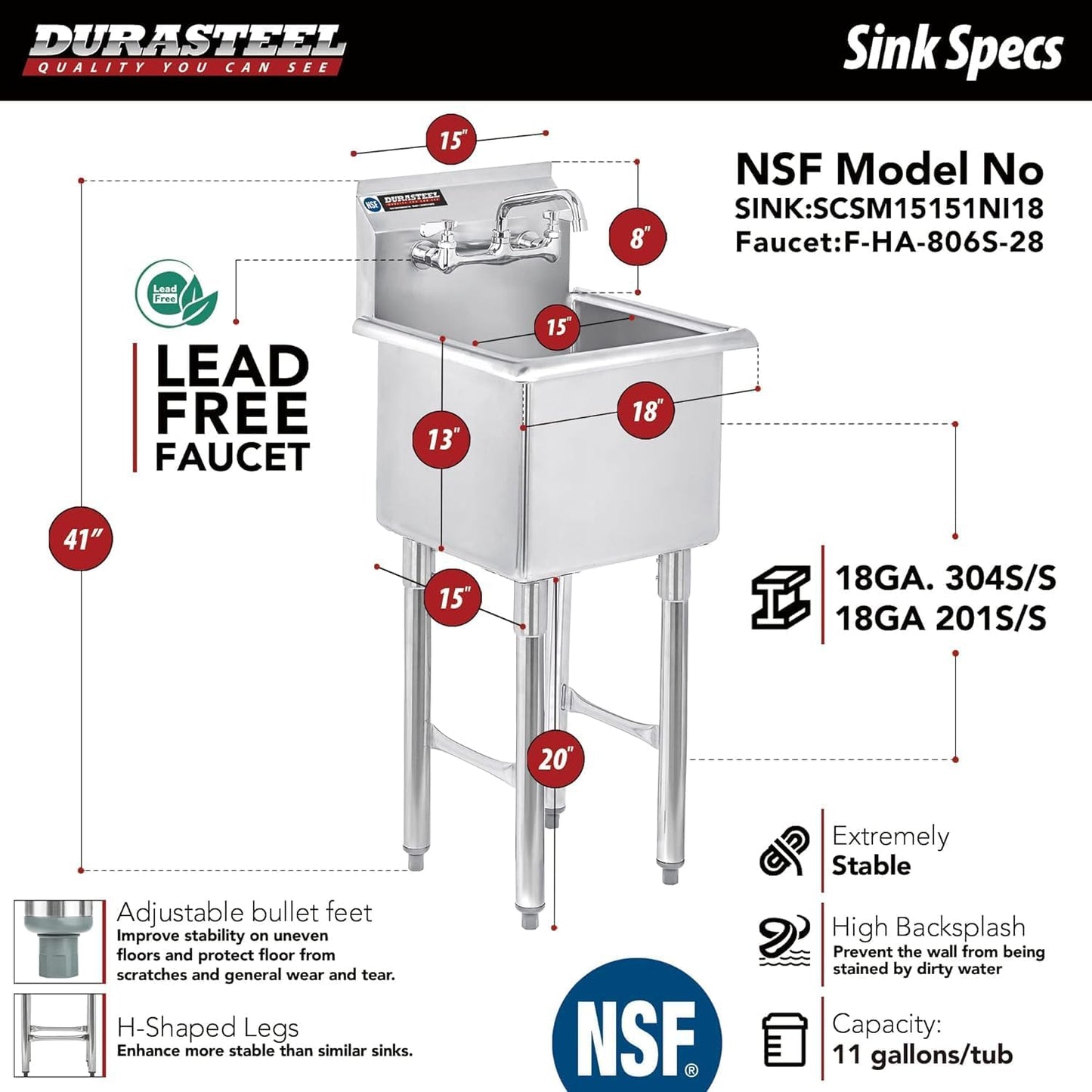 Pick Up Only-DuraSteel Stainless Steel Utility Sink - 24" x 24" Inner Single Bowl - Commercial Prep Sink with No Lead Faucet - CEC & NSF Certified - For Restaurant, Kitchen, Laundry, Garage