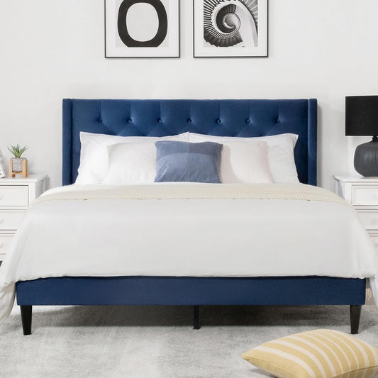 Full Size Bed Frame, Velvet Upholstered Platform Bed Mattress Foundation, with Vertical Channel Tufted Wingback Headboard, Strong Wood Slat, No Box Spring Needed, Blue