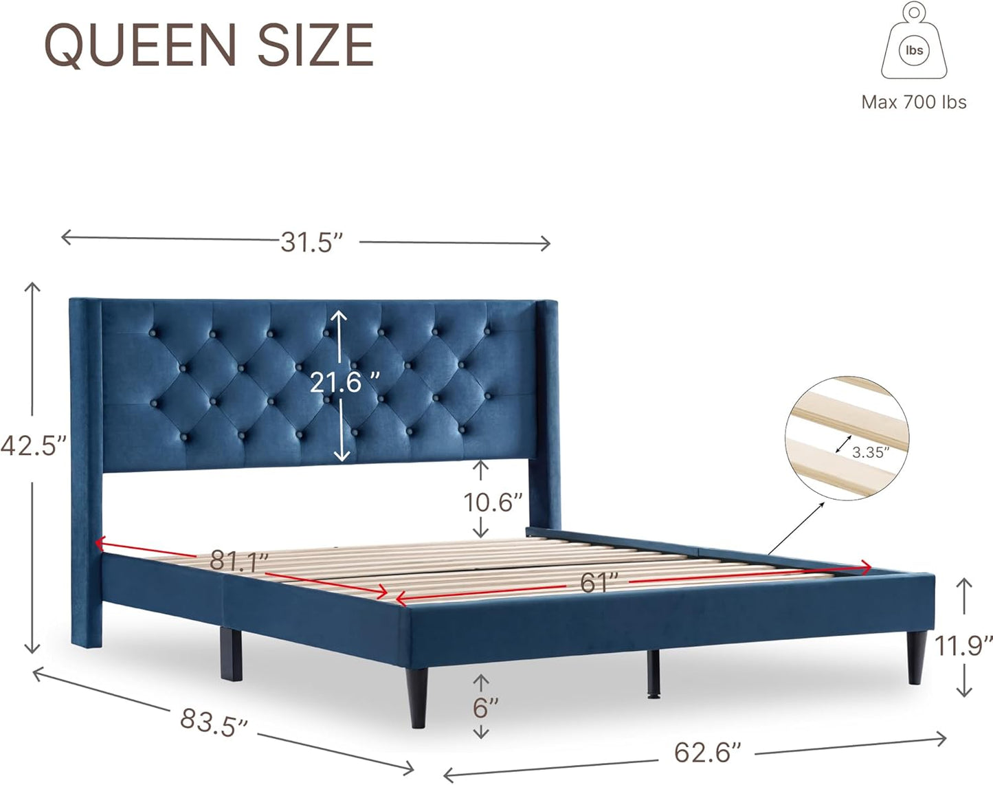 Full Size Bed Frame, Velvet Upholstered Platform Bed Mattress Foundation, with Vertical Channel Tufted Wingback Headboard, Strong Wood Slat, No Box Spring Needed, Blue