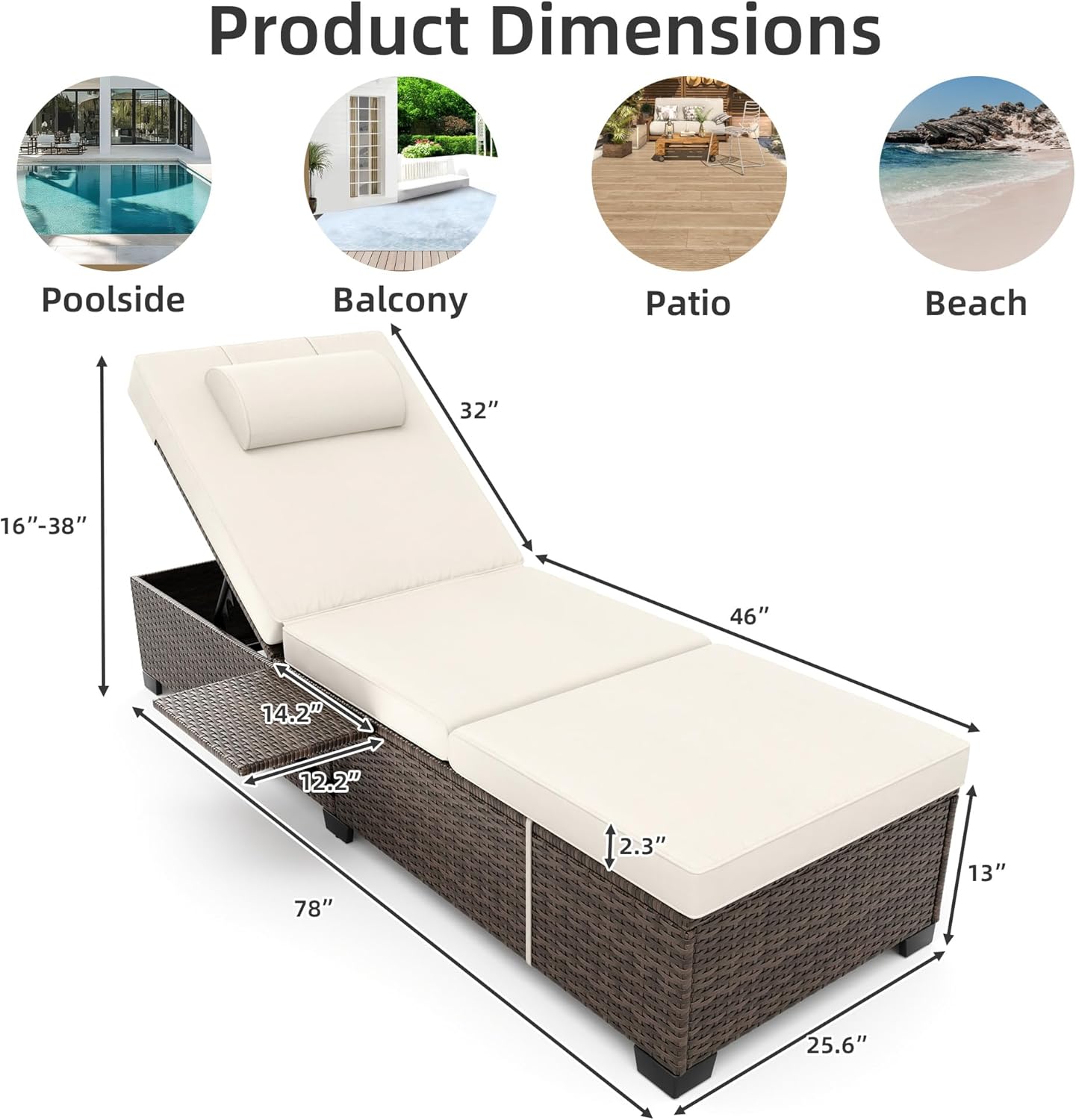 Pool Lounge Chairs Outdoor Set of 2, PE Wicker Rattan Chaise Lounge Chair with 5-Position Adjustable Backrest, 2 Pieces Outdoor Lounge Chair Recliner with Cushions for Patio Beach Deck Backyard, Beige