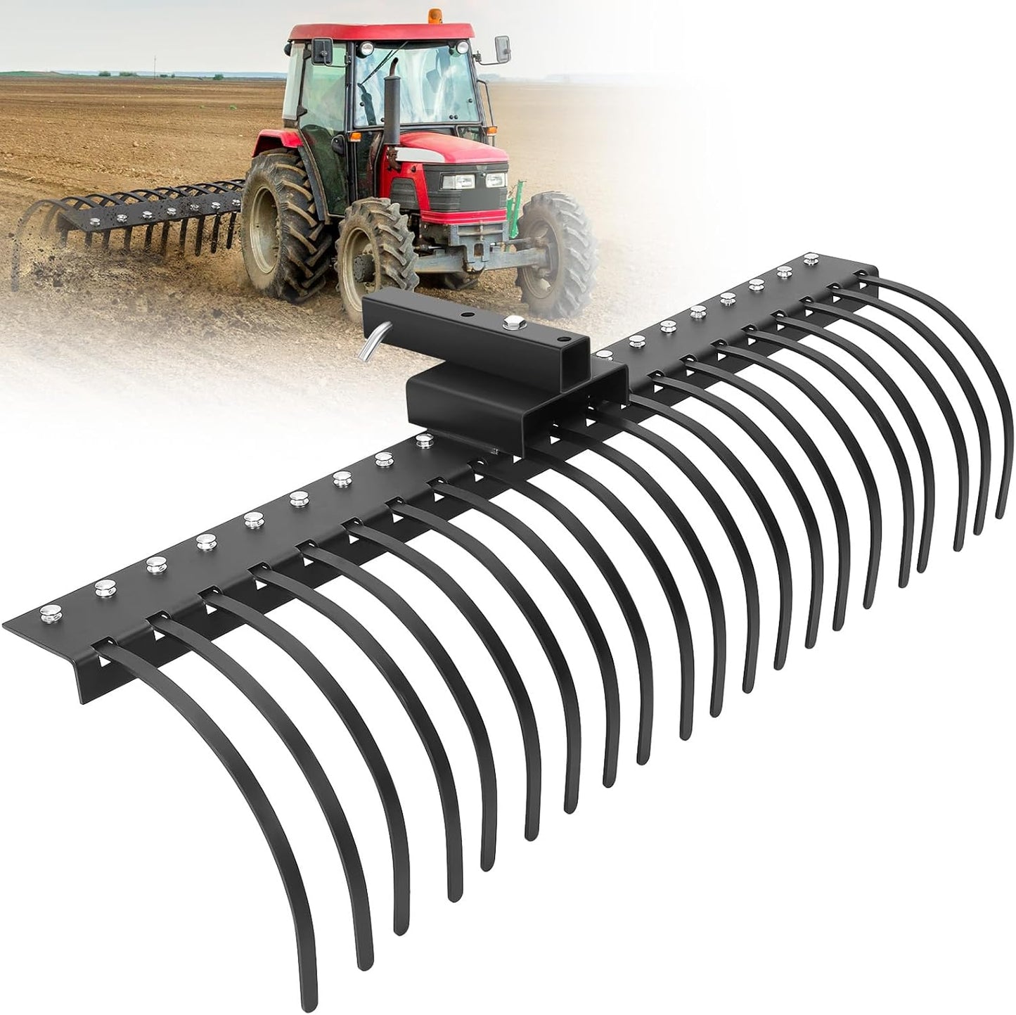 PULLAFUN 60 Inch Landscape Rock Rake,3 Point Attach Rake Fit for 2 Inch Receiver with 360 Degree Rotation,Tow-Behind Garden Tool for Compact Tractors, Category 1, Black