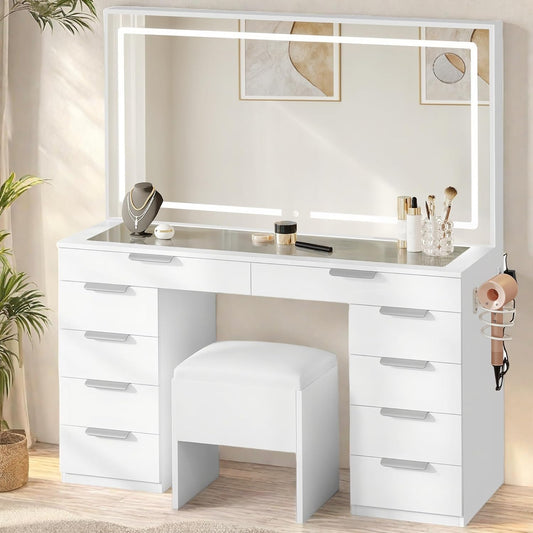 YITAHOME Makeup Vanity with Light Strip & Extra-Large Mirror, 10-Drawer Vanity Table Set with Power Hub & Hair Dryer Rack, Glass Top Vanity with 3 Color Modes Adjustment, Storage Bench for Bedroom