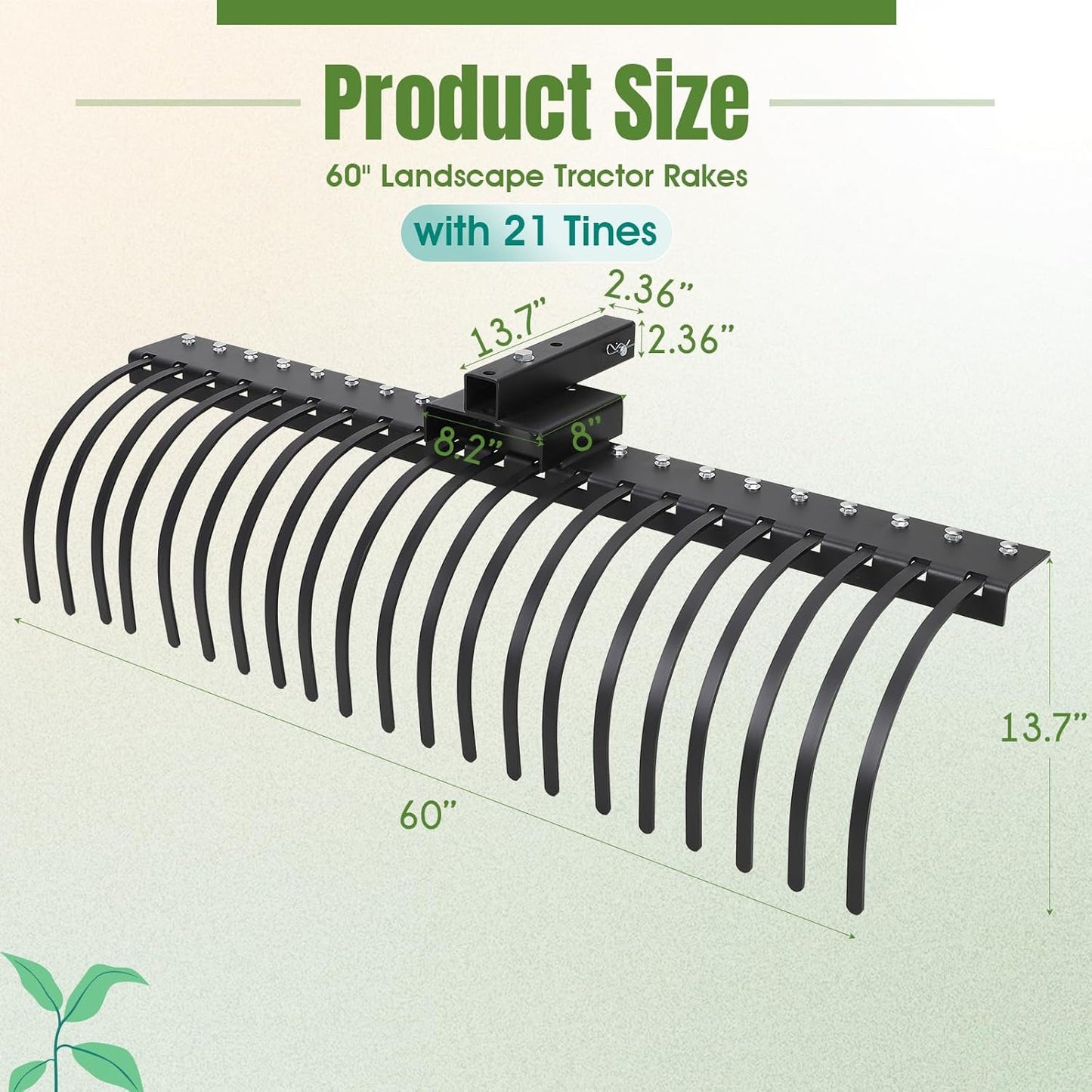 PULLAFUN 60 Inch Landscape Rock Rake,3 Point Attach Rake Fit for 2 Inch Receiver with 360 Degree Rotation,Tow-Behind Garden Tool for Compact Tractors, Category 1, Black