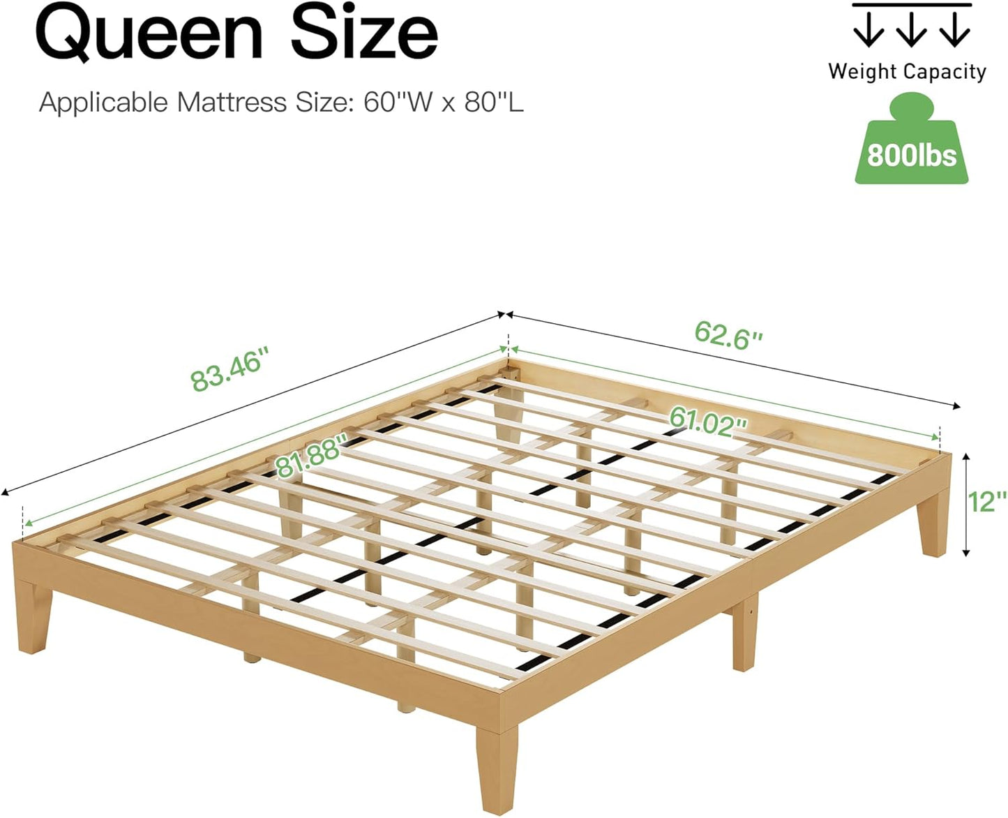 Queen Size Wood Platform Bed Frame-12 Inch Solid Wood Queen Bed Frame with Slat Support, No Box Spring Needed, Easy Assembly-Rustic Pine