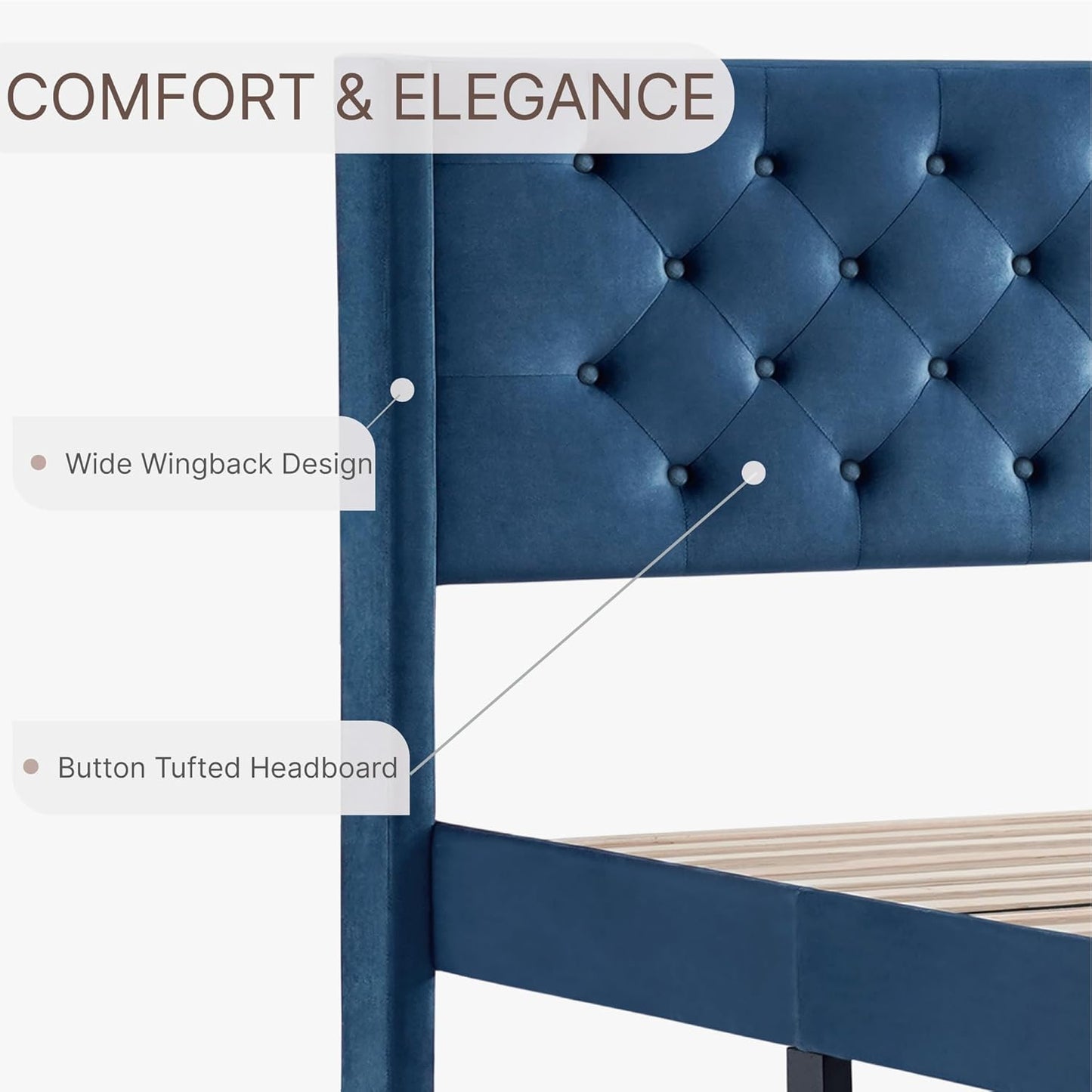 Full Size Bed Frame, Velvet Upholstered Platform Bed Mattress Foundation, with Vertical Channel Tufted Wingback Headboard, Strong Wood Slat, No Box Spring Needed, Blue