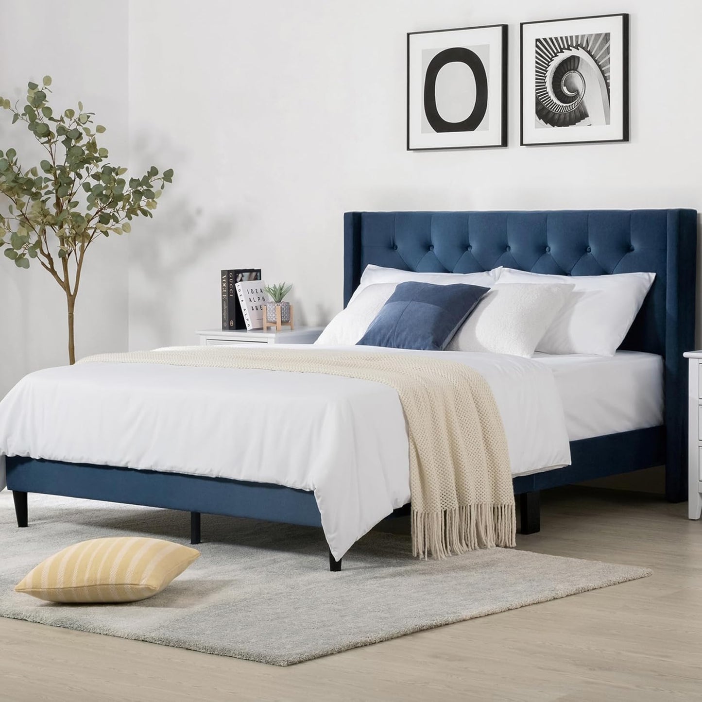 Full Size Bed Frame, Velvet Upholstered Platform Bed Mattress Foundation, with Vertical Channel Tufted Wingback Headboard, Strong Wood Slat, No Box Spring Needed, Blue
