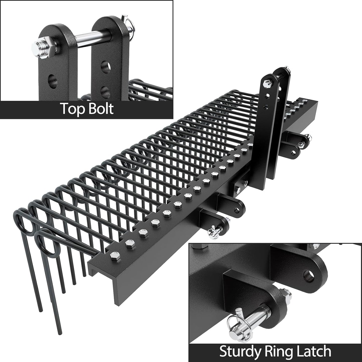 72 Inch Pine Straw Needle Rake, 3 Point Landscape Rake, Powder Coated Steel Spring Tow Behind Rake, Tractor Rake Attachments for Leaves Straw Grass Attach to Cat 0 Cat 1, Black