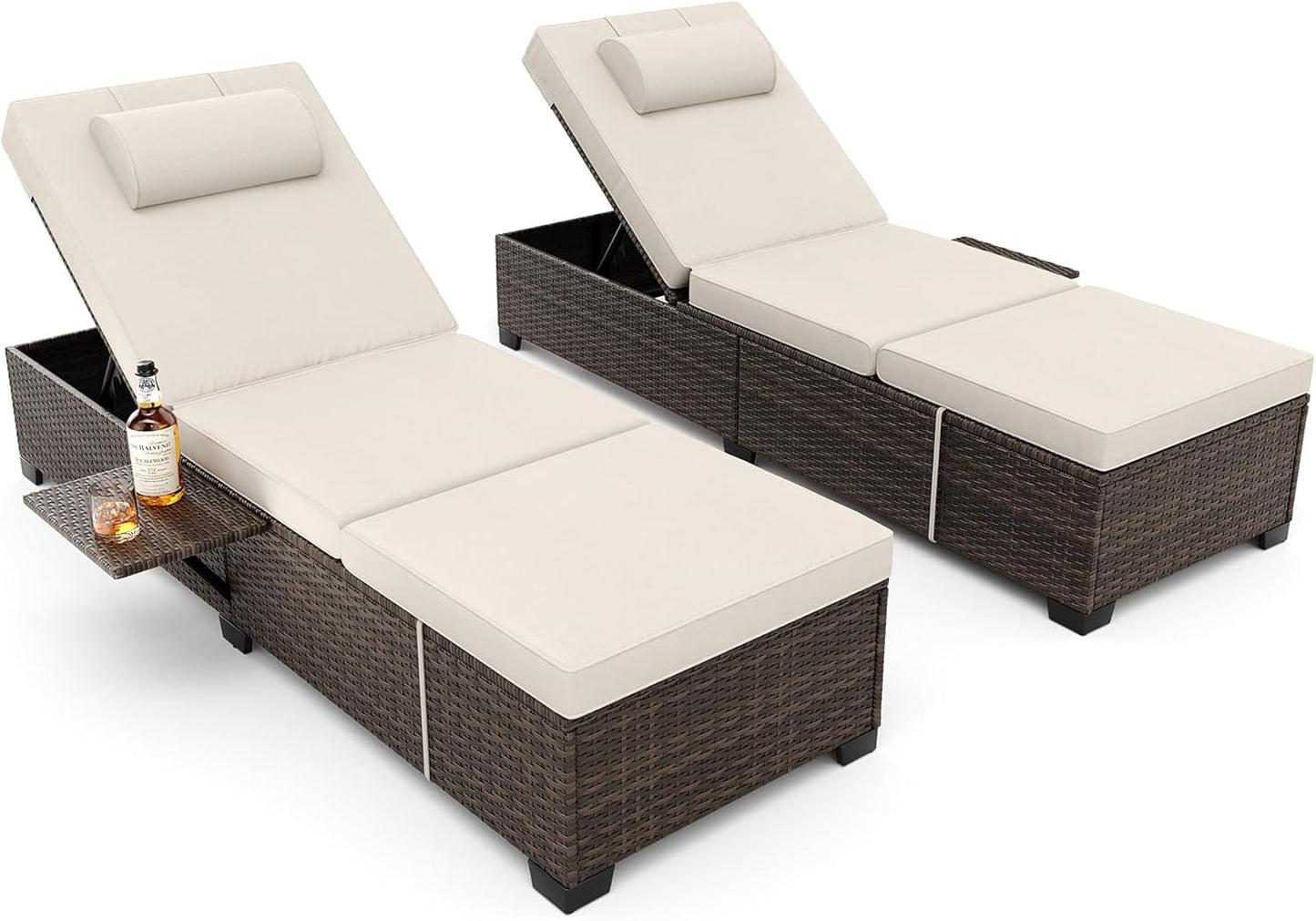 Pool Lounge Chairs Outdoor Set of 2, PE Wicker Rattan Chaise Lounge Chair with 5-Position Adjustable Backrest, 2 Pieces Outdoor Lounge Chair Recliner with Cushions for Patio Beach Deck Backyard, Beige
