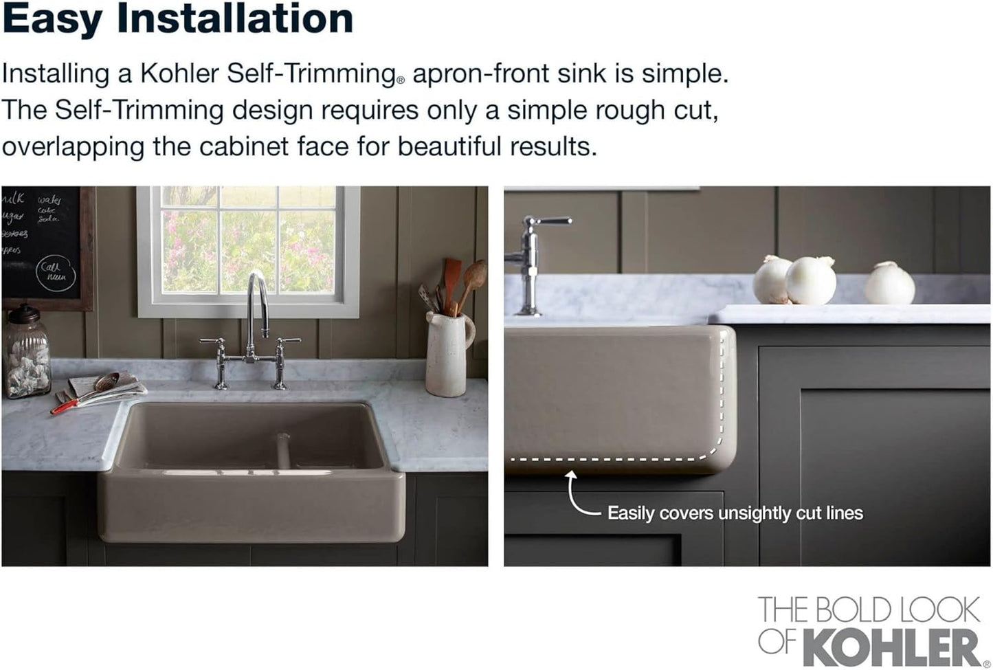 KOHLER 5826-0 Whitehaven Farmhouse Self-Trimming Undermount Single-Bowl Sink with Short Apron, 33 Inch, White
