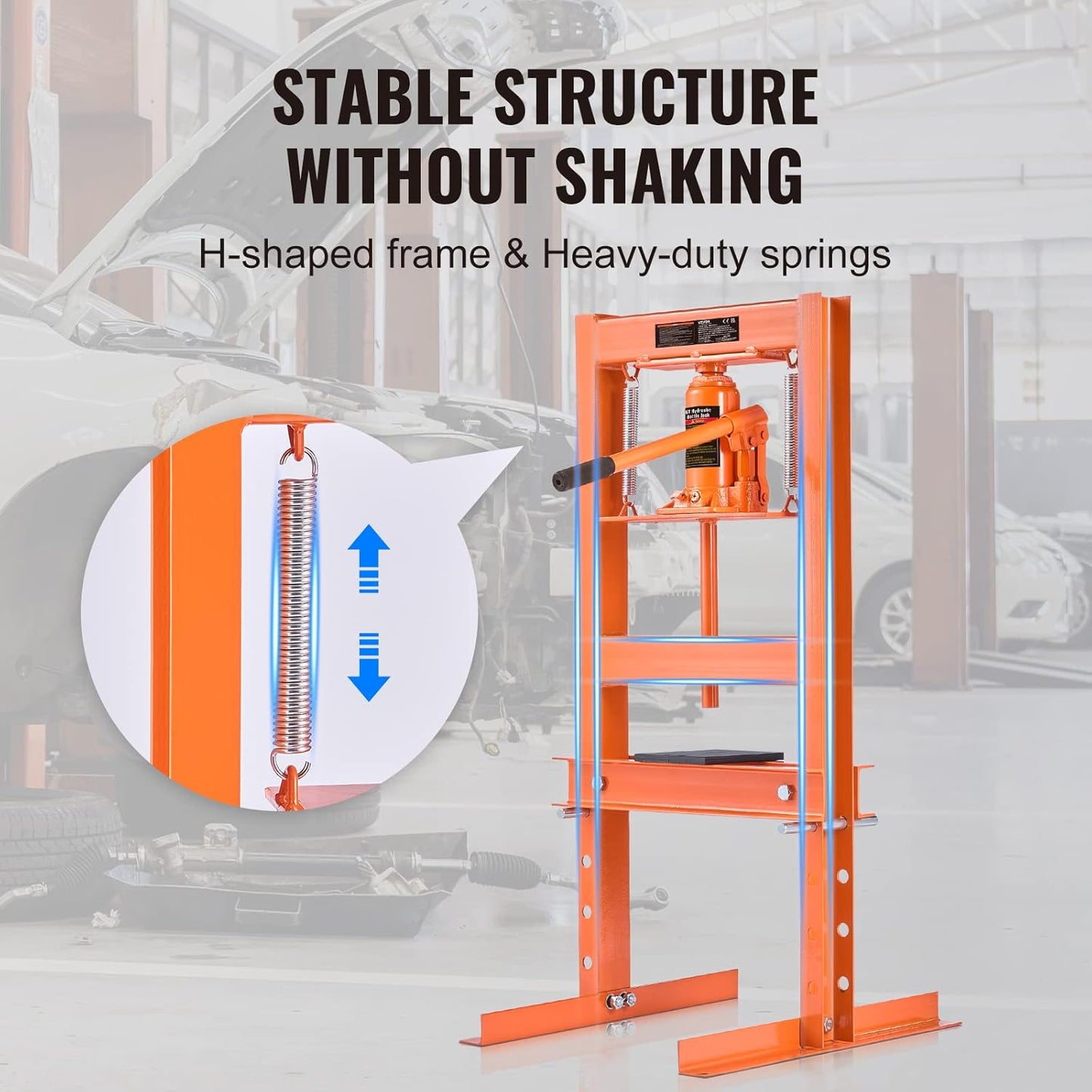 VEVOR Hydraulic Shop Press, 6 Ton/13000lbs, H-Frame, 4-Hold Adjustable Height, with Movable Plates, for Garage or Professional Users, Orange