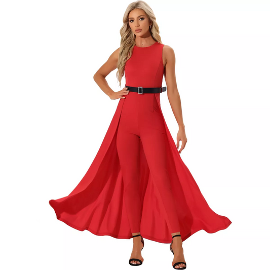 Allegra K Women's Patchwork Overlay Sleeveless Belted High-Waist Rompers Jumpsuit Red Large