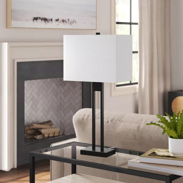 Window Pane Table Lamp with USB Black - Threshold: ETL Listed, Linen Shade, Metal Body, No Assembly Required