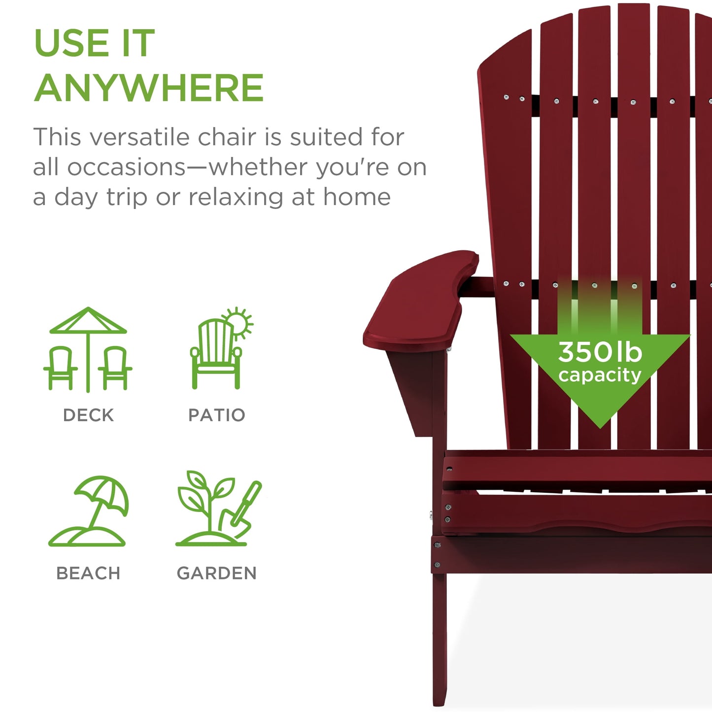 Best Choice Products Folding Adirondack Chair Outdoor, Wooden Accent Lounge Furniture w/ 350lb Capacity - Red