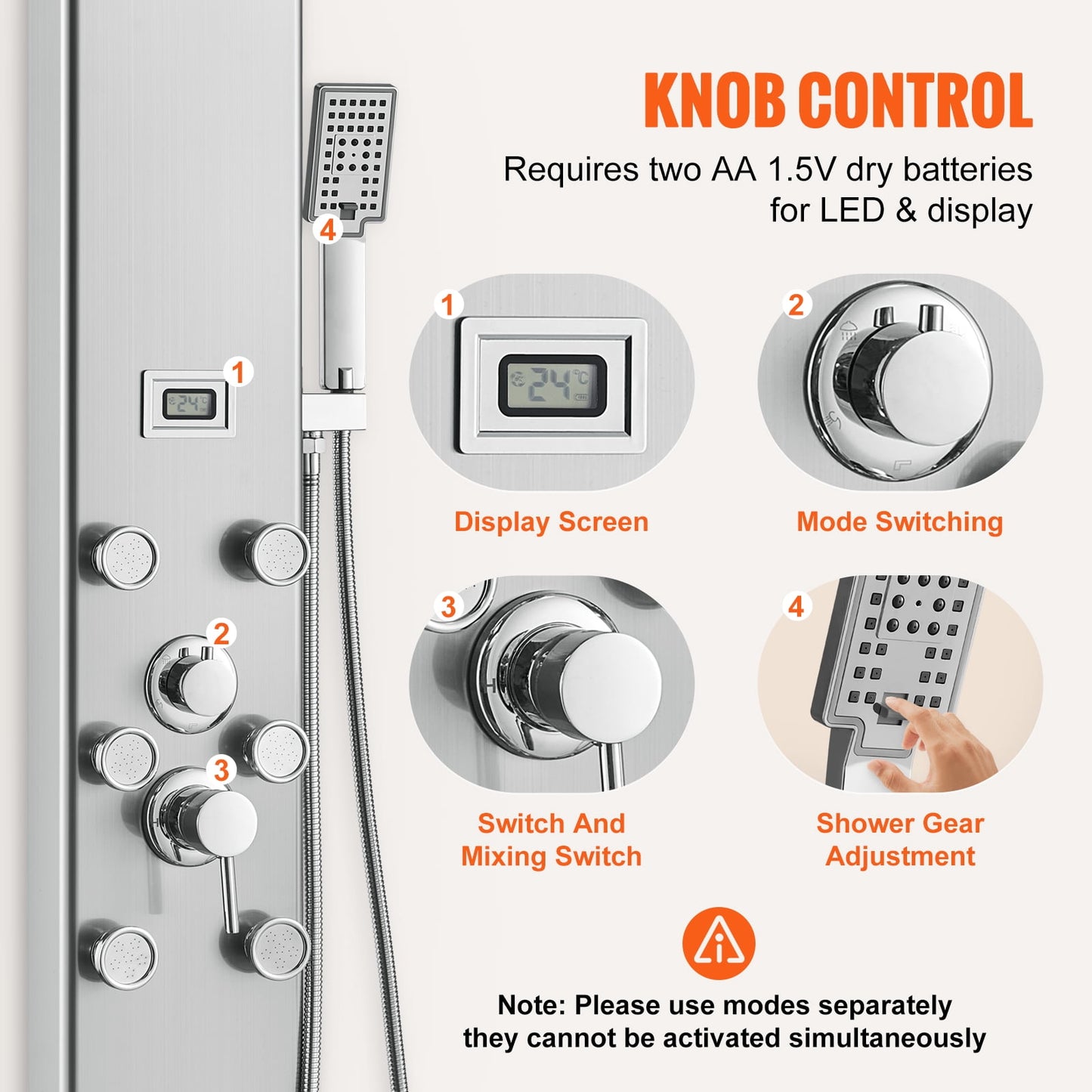 KFFKFF Shower Panel System, Quintuple Shower Functions, Numeric Indicator Shower Panel Tower, Downpour, 8 Therapeutic Jets, Bathtub Faucet, with 59" Hose, Stainless Steel Wall-Attached Bath Set