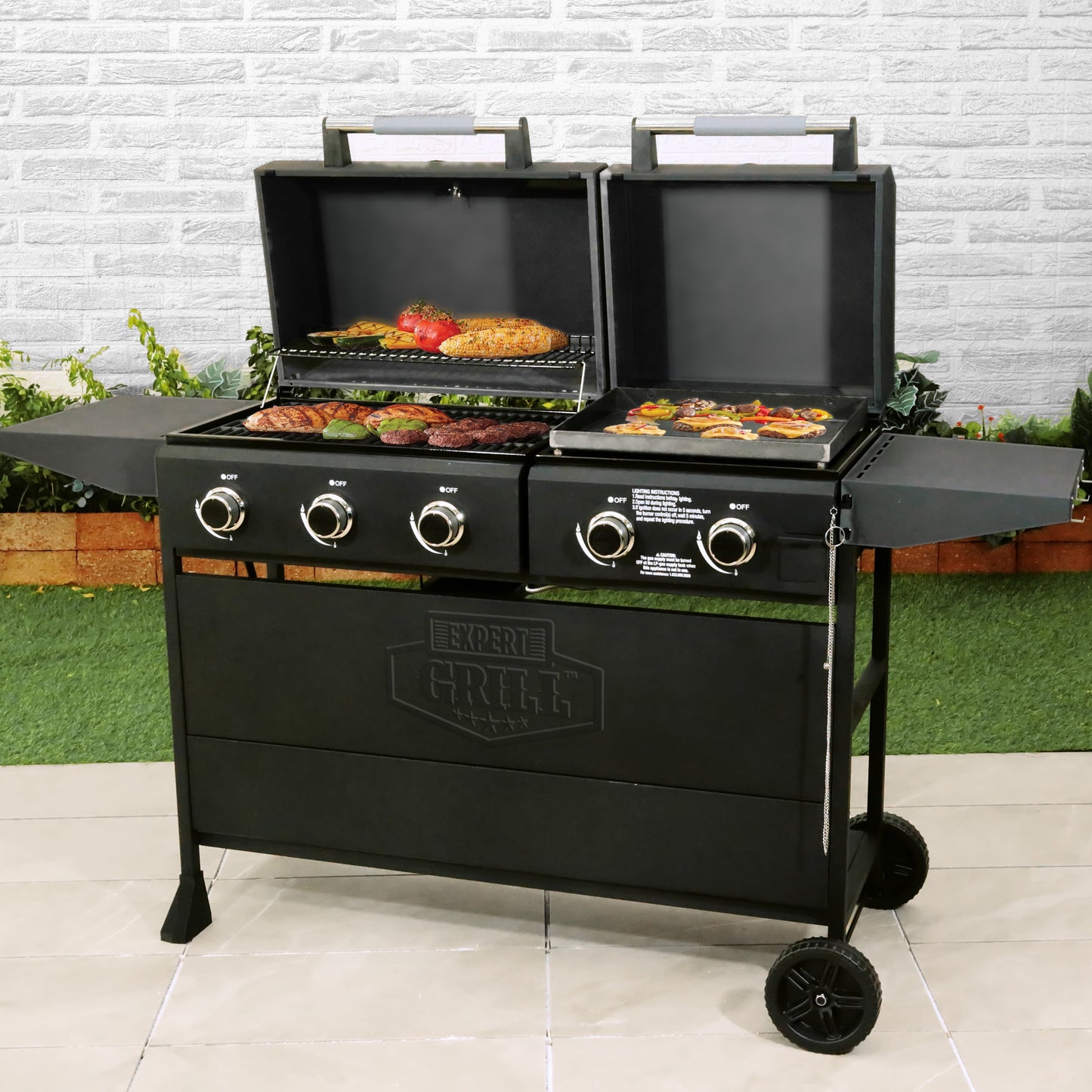 Expert Grill 5 Burner Combination Propane Gas Grill and Propane Griddle, Black, New