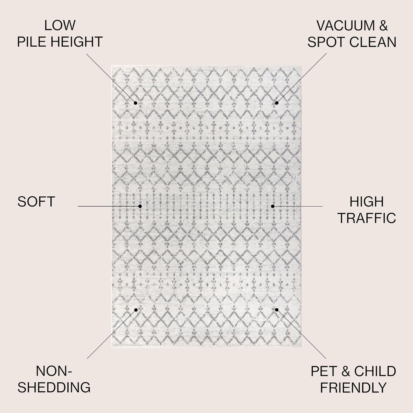 JONATHAN Y MOH101B-8 Moroccan Hype Boho Vintage Diamond 8 ft. x 10 ft. Area-Rug, Bohemian, Southwestern, Casual, Transitional, Pet Friendly, Non Shedding, Stain Resistant, Easy-Cleaning, Cream/Gray