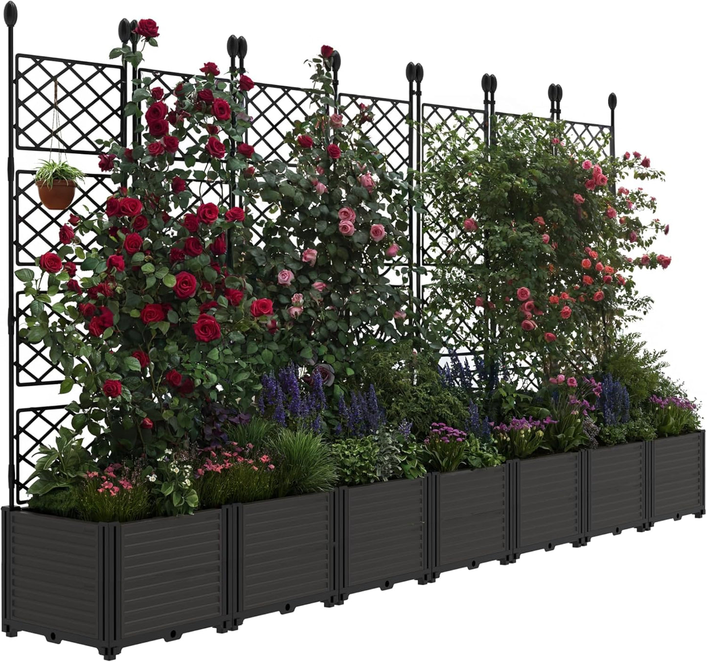 7 PCS Plastic Plant Box with Metal Trellis, Raised Garden Bed with Trellis Planter for Climbing Plant Outdoor Raised Privacy Screen for Patio Balcony,Planter Box for Backyard Patio