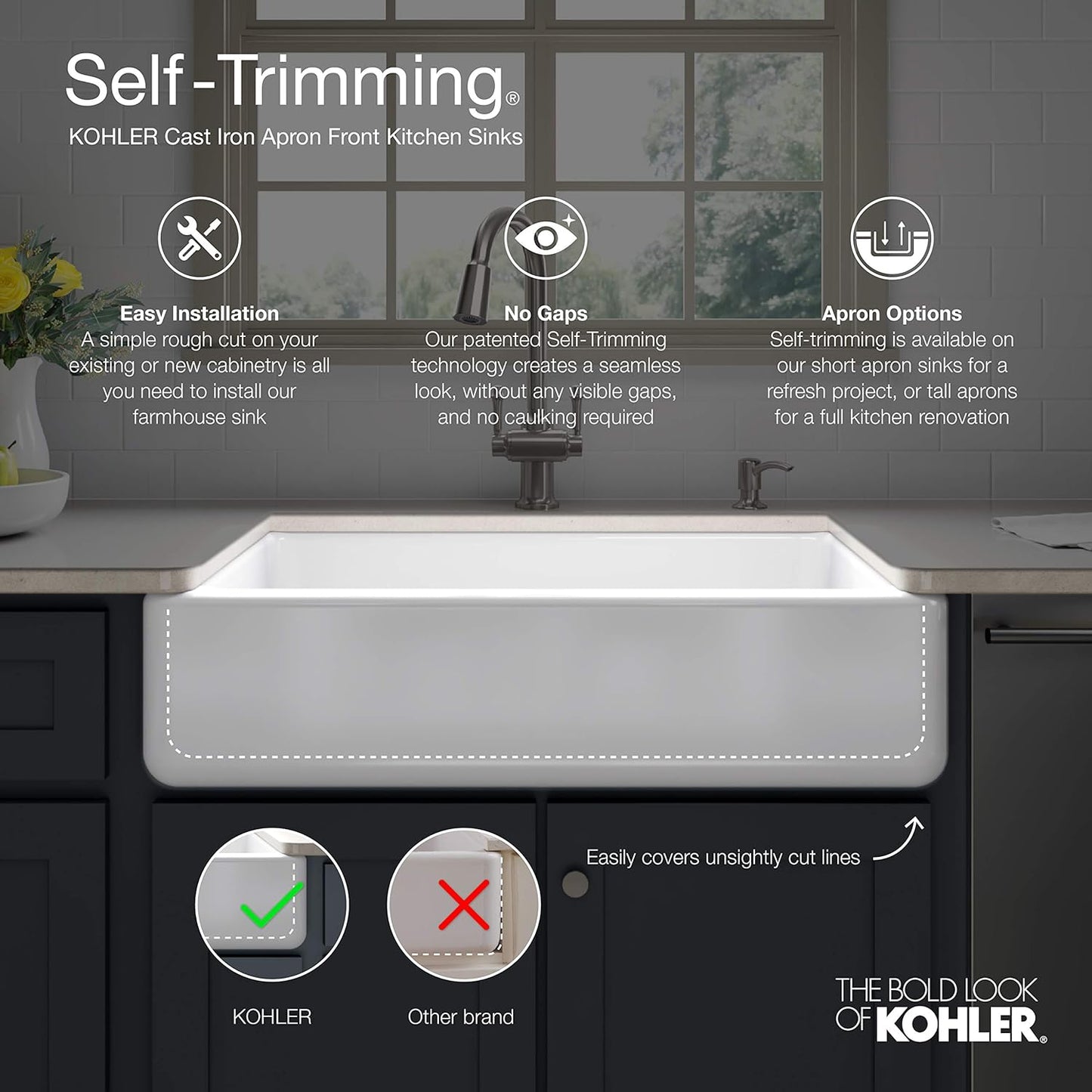 KOHLER 5826-0 Whitehaven Farmhouse Self-Trimming Undermount Single-Bowl Sink with Short Apron, 33 Inch, White
