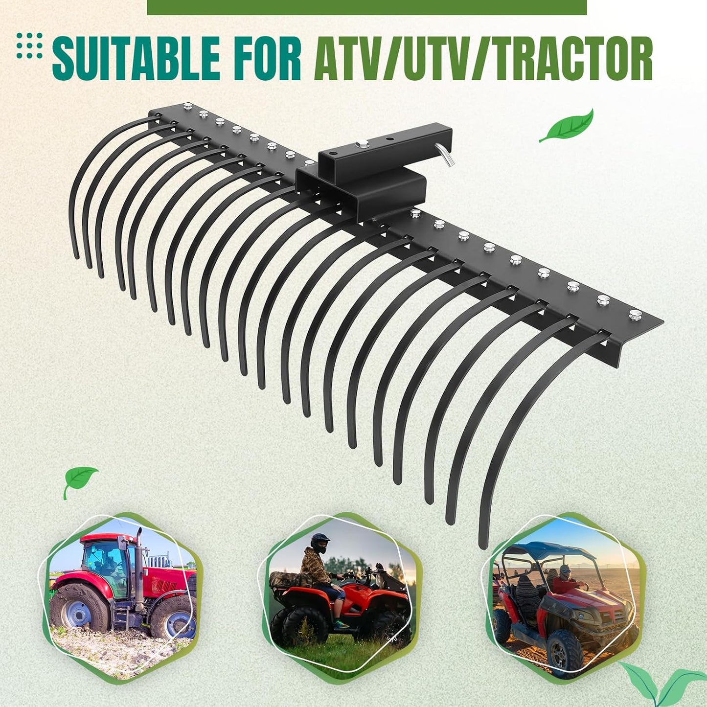 PULLAFUN 60 Inch Landscape Rock Rake,3 Point Attach Rake Fit for 2 Inch Receiver with 360 Degree Rotation,Tow-Behind Garden Tool for Compact Tractors, Category 1, Black