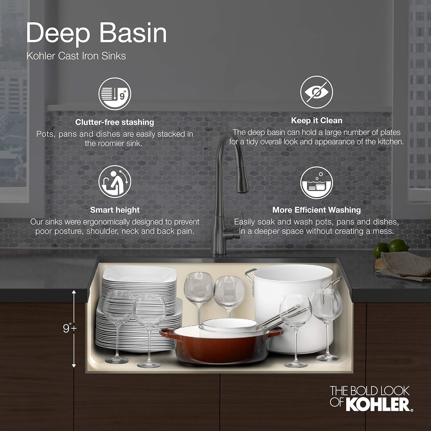 KOHLER 5826-0 Whitehaven Farmhouse Self-Trimming Undermount Single-Bowl Sink with Short Apron, 33 Inch, White