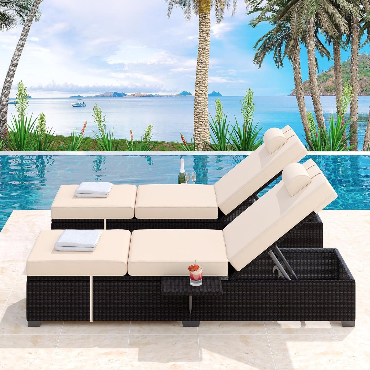 Patio Lounge Chairs,Outdoor PE Wicker Chaise Lounge Set of 2,Chaise Lounge Chair Outdoor，Pool Furniture,Brown Rattan Recliners with Adjustable Backrest,Storage Table,Beige