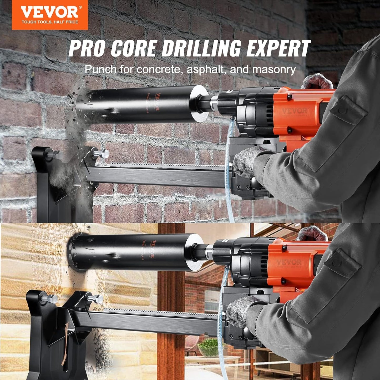 VEVOR Diamond Core Drilling Machine, 10in Wet Concrete Core Drill Rig with Stand Wheels, 750RPM Speed & 1-1/4" Thread & Lifting Handle, 10in Drilling Diameter for Concrete Brick Block Stone, 2500W