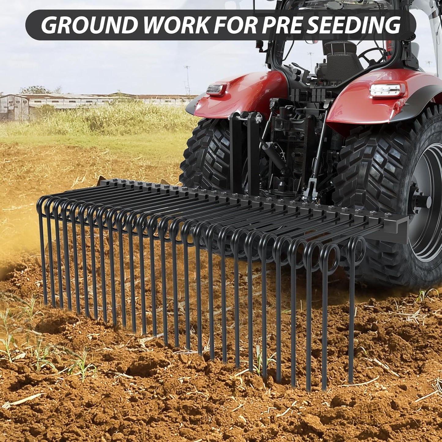 72 Inch Pine Straw Needle Rake, 3 Point Landscape Rake, Powder Coated Steel Spring Tow Behind Rake, Tractor Rake Attachments for Leaves Straw Grass Attach to Cat 0 Cat 1, Black