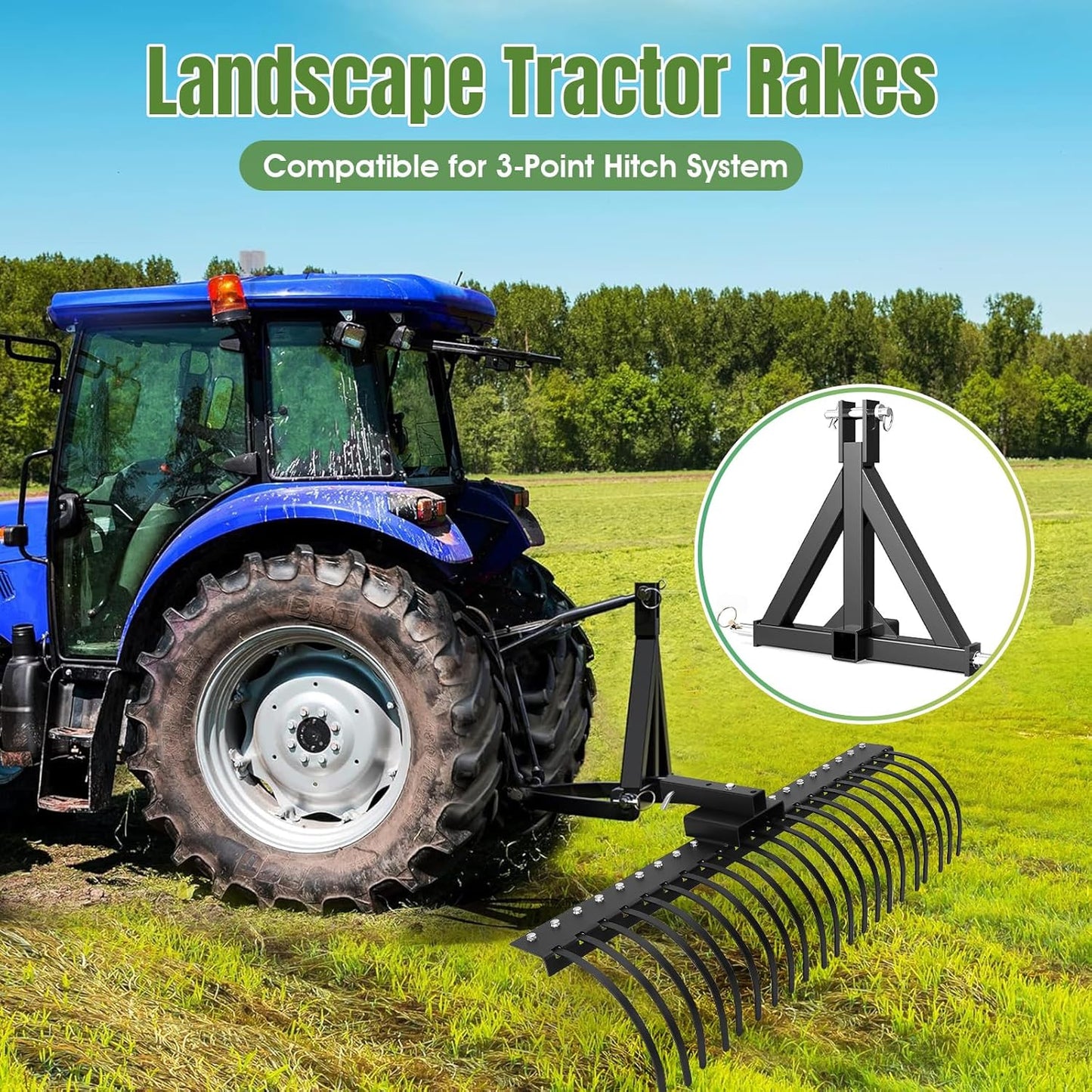 PULLAFUN 60 Inch Landscape Rock Rake,3 Point Attach Rake Fit for 2 Inch Receiver with 360 Degree Rotation,Tow-Behind Garden Tool for Compact Tractors, Category 1, Black