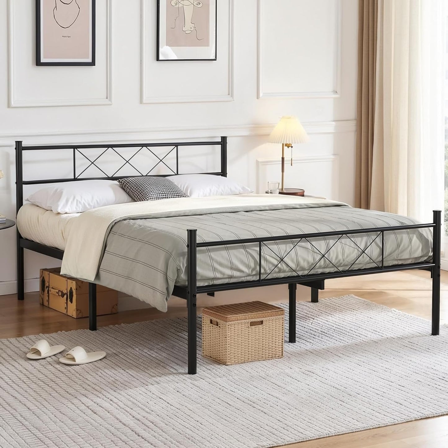 VECELO Queen Size Bed Frame with Headboard, Heavy-Duty Platform with Strong Metal Slats, No Box Spring Needed, Easy Assembly, Matte & Black