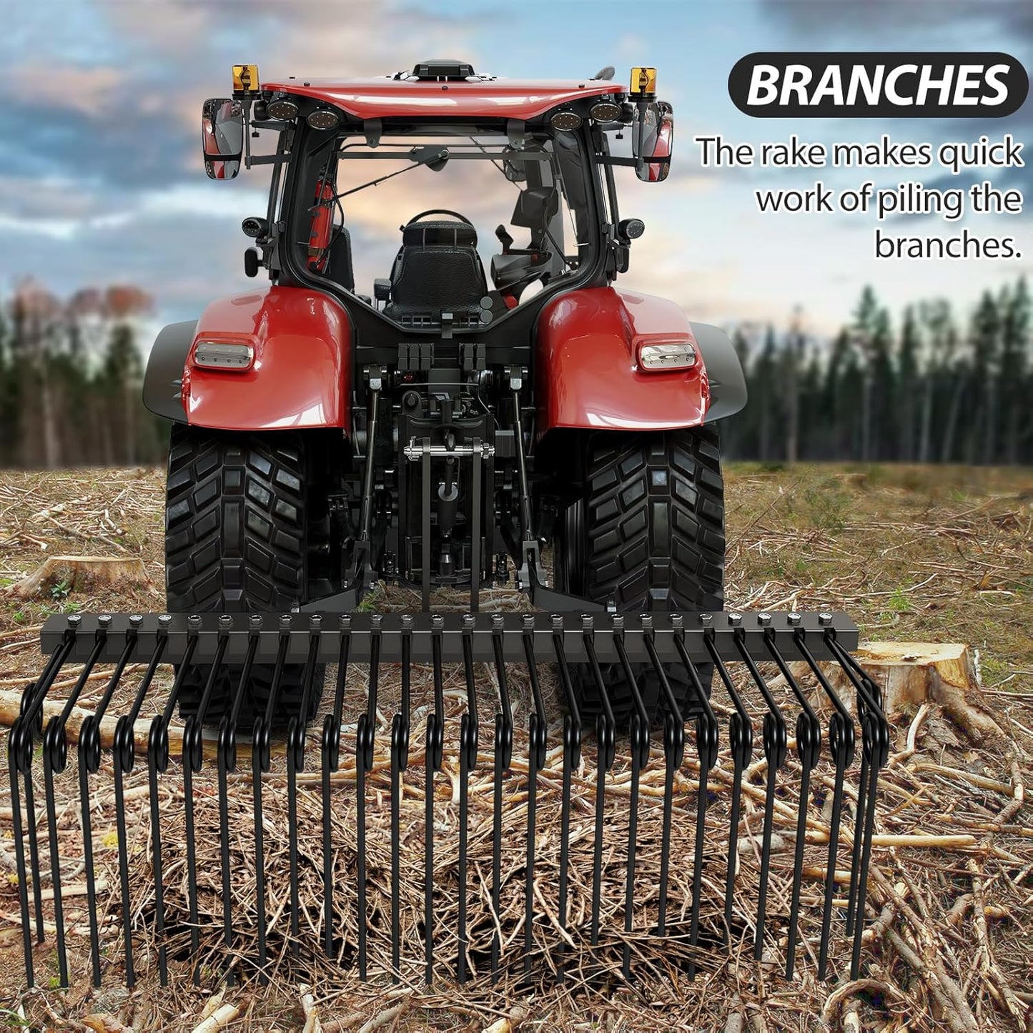 72 Inch Pine Straw Needle Rake, 3 Point Landscape Rake, Powder Coated Steel Spring Tow Behind Rake, Tractor Rake Attachments for Leaves Straw Grass Attach to Cat 0 Cat 1, Black