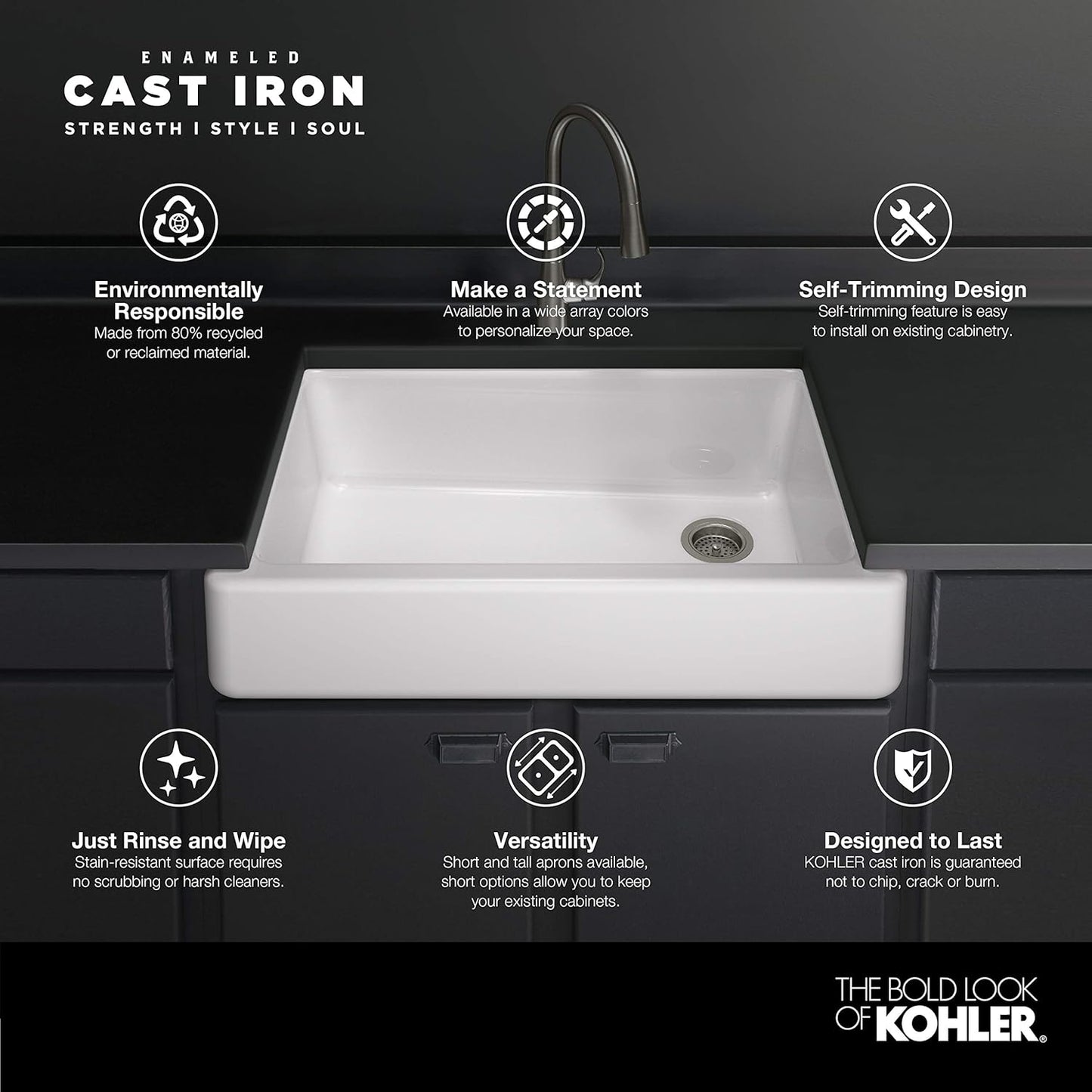 KOHLER 5826-0 Whitehaven Farmhouse Self-Trimming Undermount Single-Bowl Sink with Short Apron, 33 Inch, White
