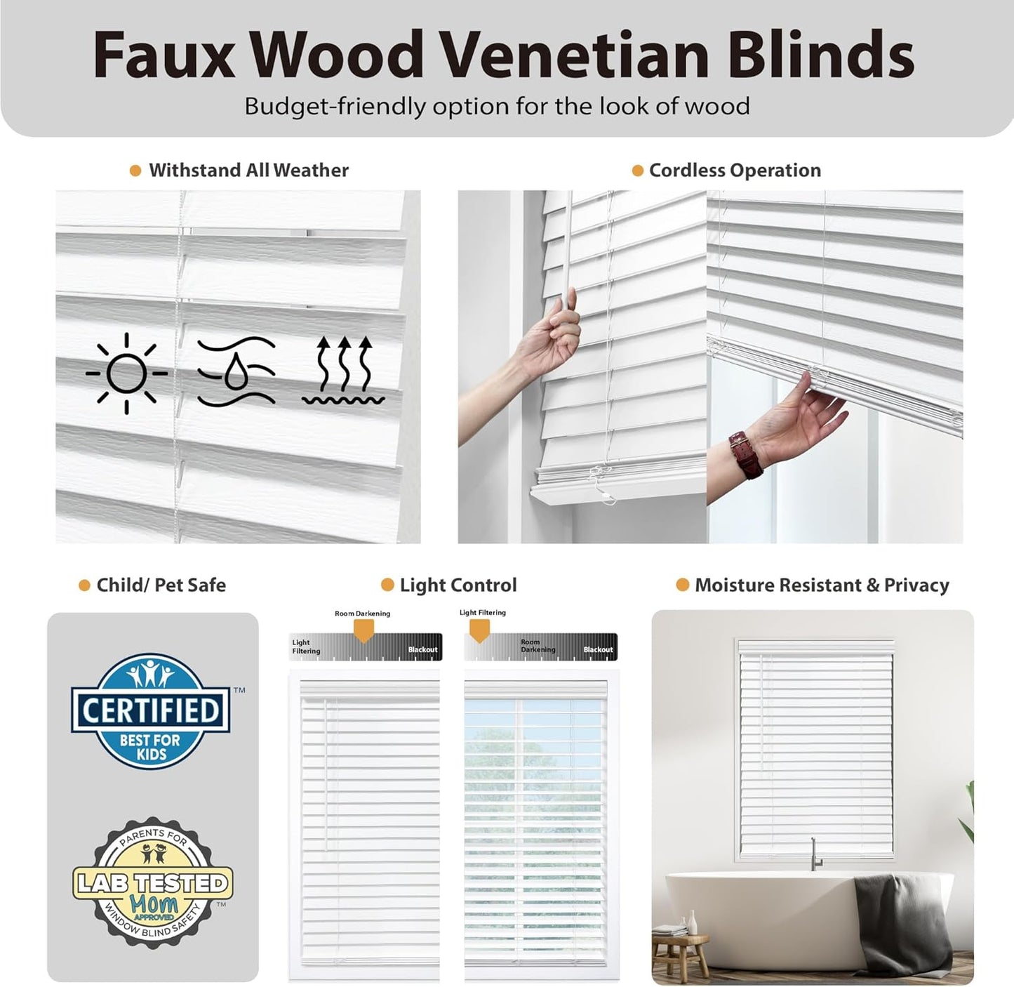 DEZ FURNISHINGS Cordless 2" Signature Faux Wood Blind, 67" W x 48" H, Snow White