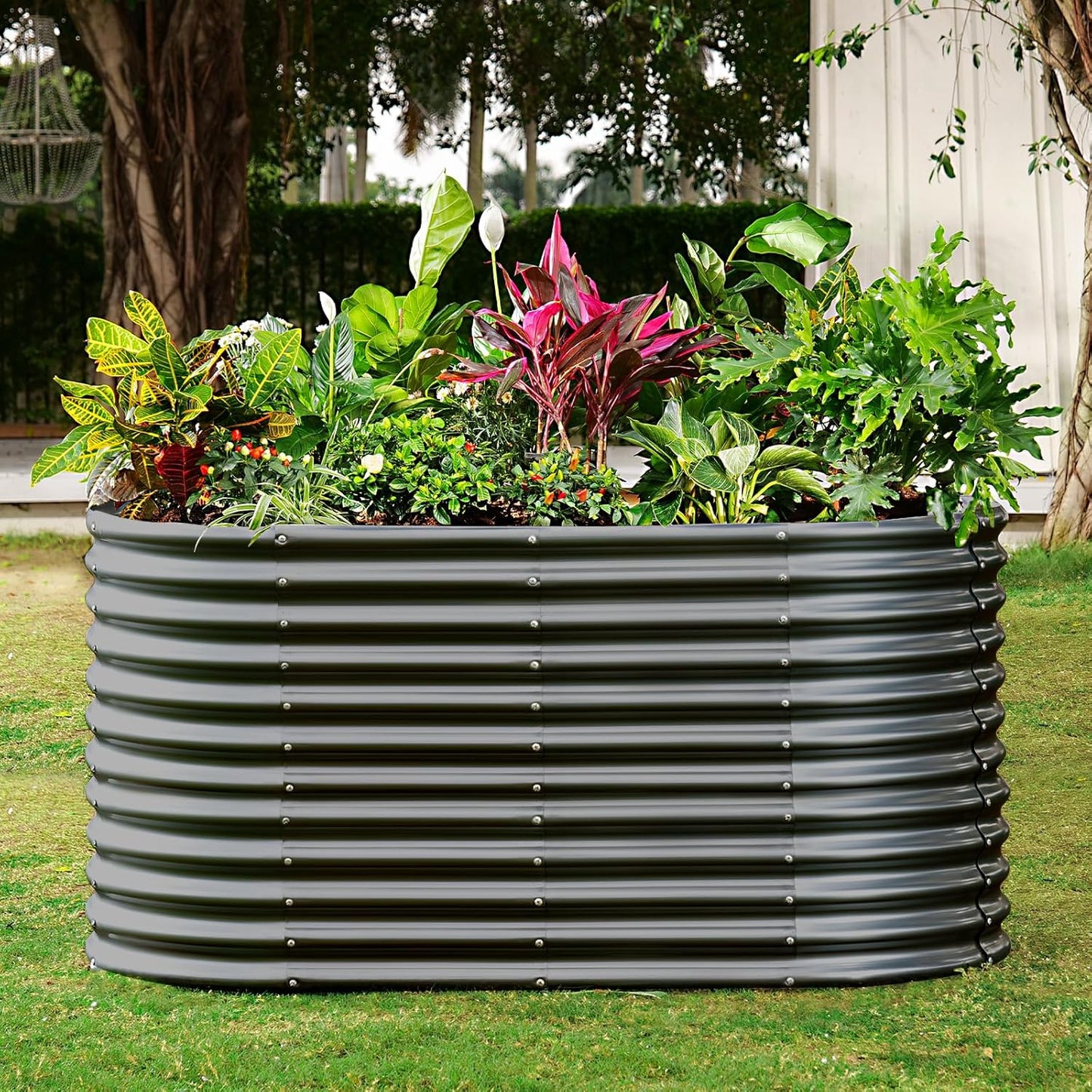 Land Guard 8x4x3ft Oval Galvanized Raised Garden Beds, Large-Capacity Metal Planter Box Outdoor, Durable Deep Raised Garden Bed 3ft Tall, Raised Beds for Gardening Vegetables, Dark Grey