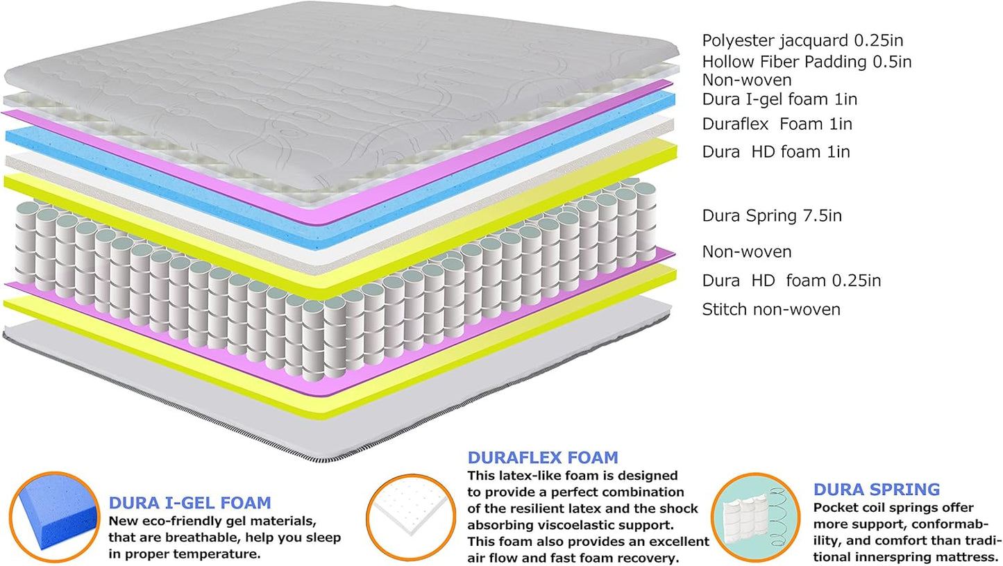 Olee Sleep Queen Mattress, 10 Inch Support Cloud Hybrid Mattress, Gel Infused Memory Foam, Pocket Spring for Support and Pressure Relief, CertiPUR-US Certified, Bed-in-a-Box, Soft, Queen Size