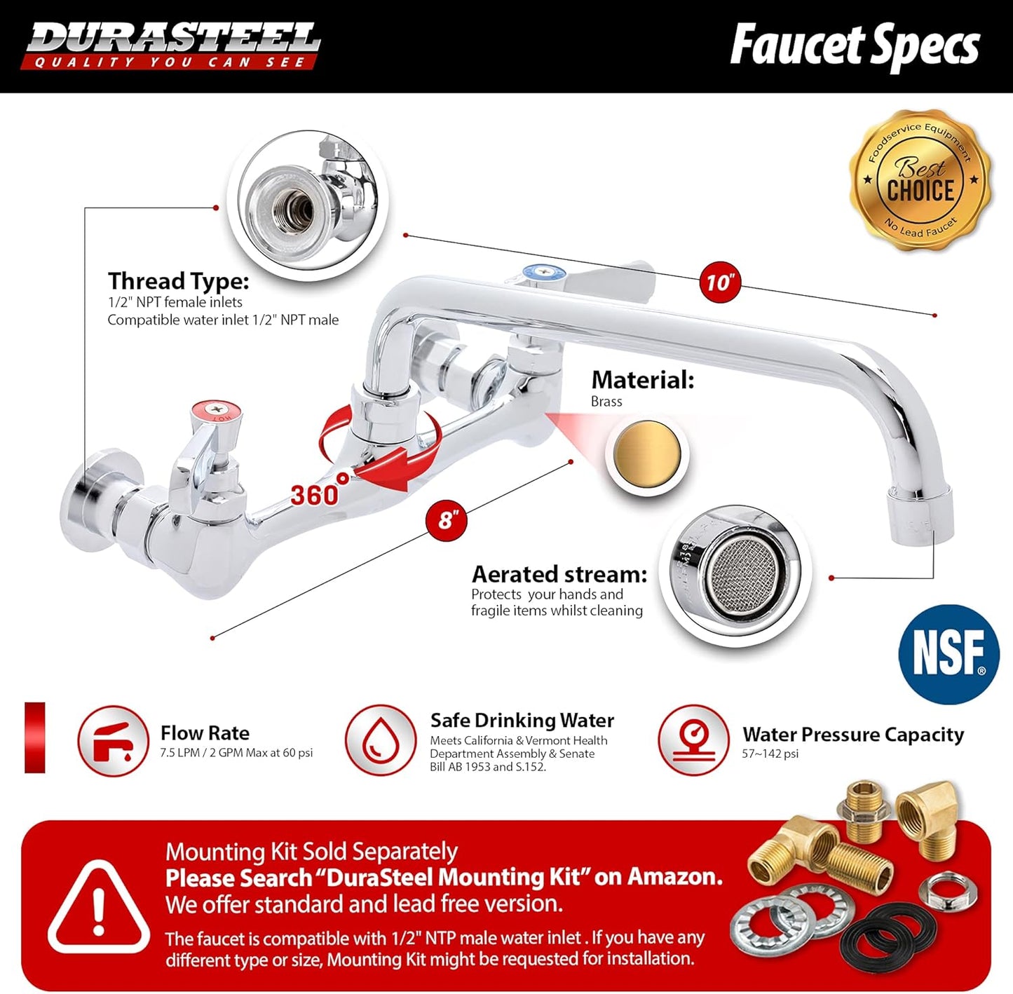 Pick Up Only-DuraSteel Stainless Steel Utility Sink - 24" x 24" Inner Single Bowl - Commercial Prep Sink with No Lead Faucet - CEC & NSF Certified - For Restaurant, Kitchen, Laundry, Garage