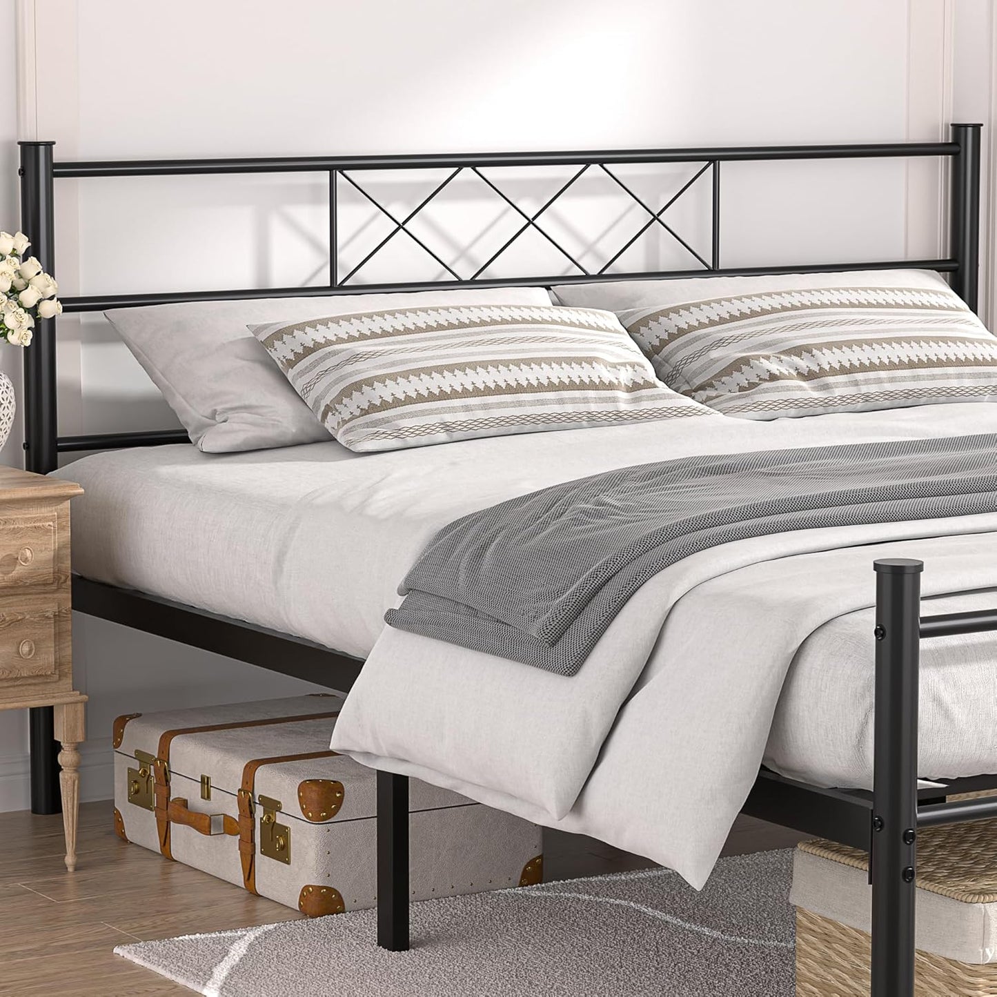 VECELO Queen Size Bed Frame with Headboard, Heavy-Duty Platform with Strong Metal Slats, No Box Spring Needed, Easy Assembly, Matte & Black
