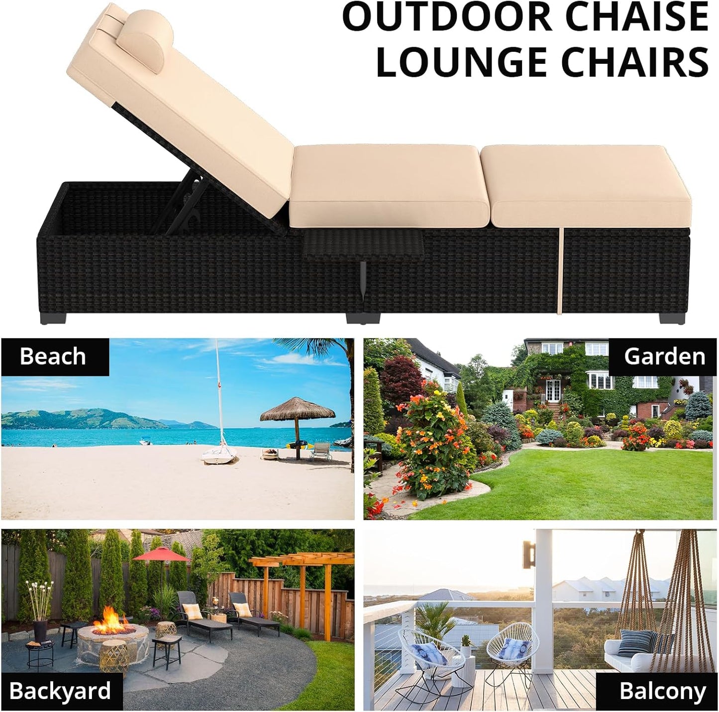 Patio Lounge Chairs,Outdoor PE Wicker Chaise Lounge Set of 2,Chaise Lounge Chair Outdoor，Pool Furniture,Brown Rattan Recliners with Adjustable Backrest,Storage Table,Beige