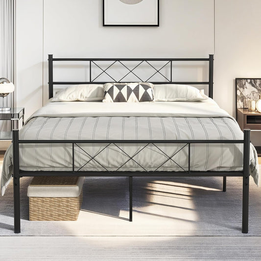 VECELO Queen Size Bed Frame with Headboard, Heavy-Duty Platform with Strong Metal Slats, No Box Spring Needed, Easy Assembly, Matte & Black