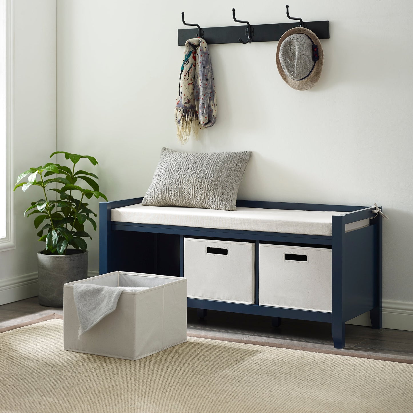 Linon Liesal Storage Bench with 3 Storage Bins, Navy Blue Finish with Cream Bins and Cushion