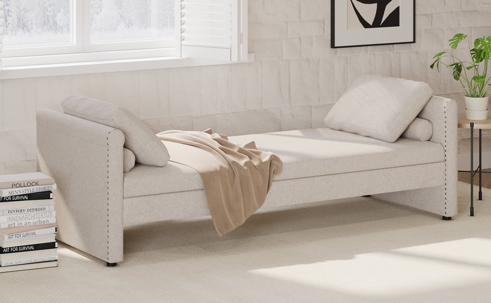 Dovelina Modern Upholstered Chaise Lounger Daybed with Pillows Small Single Daybed, Beige