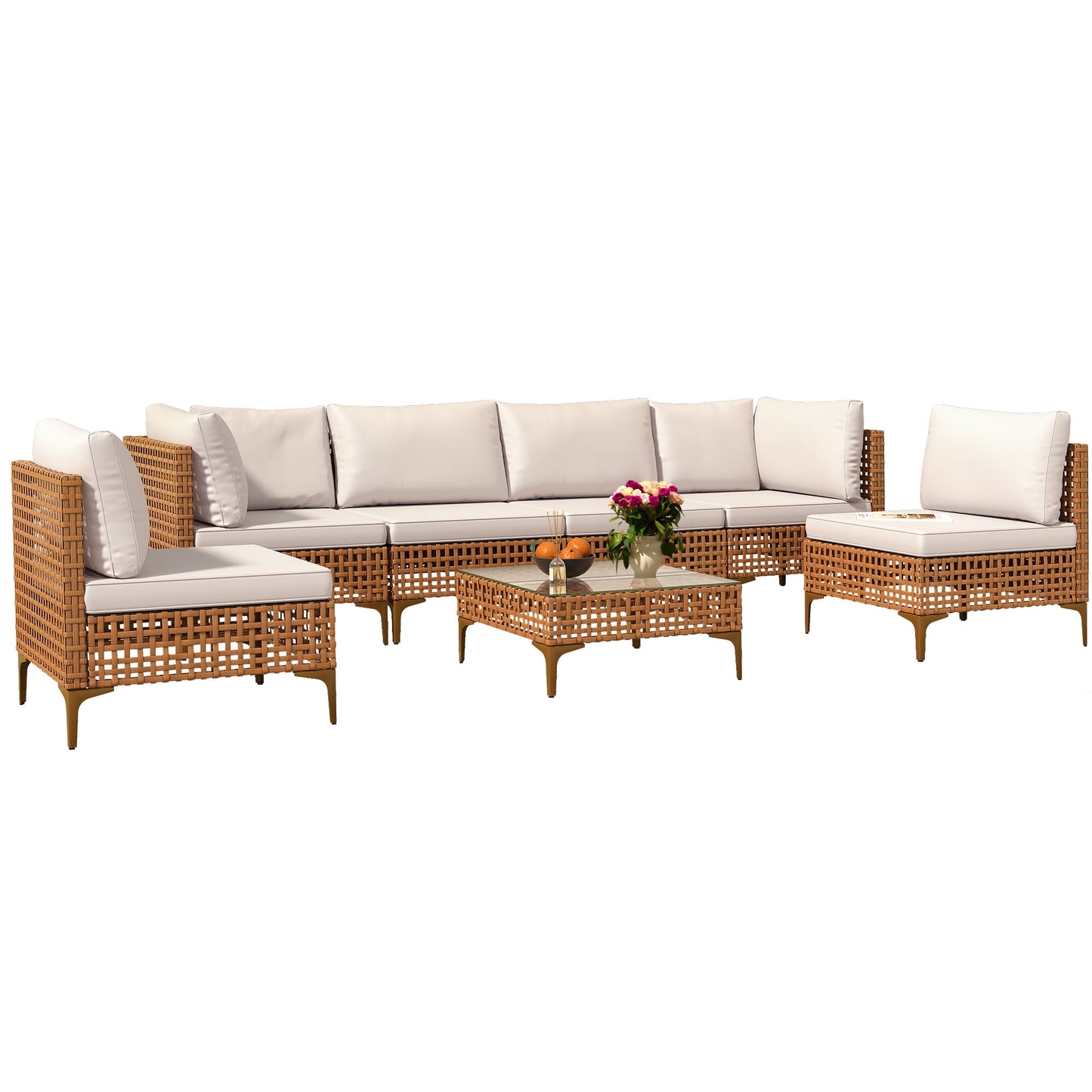 Uforic 7-Piece Outdoor Patio Furniture Set, PE Wicker Sectional Sofa Couch Patio Conversation Set for Outdoor Sectional Sofa with Coffee Table & Beige Cushions