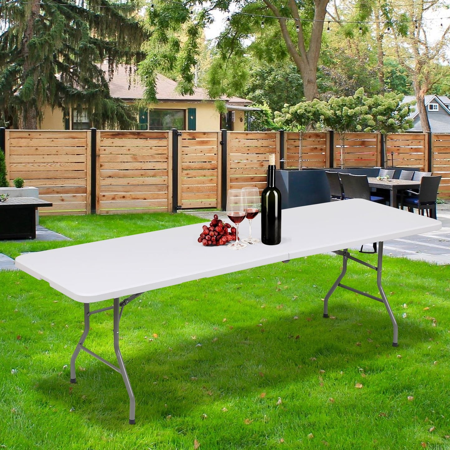 GIVIMO 8ft Folding Table,Fold-in-Half Plastic Table,Indoor Outdoor Picnic Party Dining Camp Tables,White