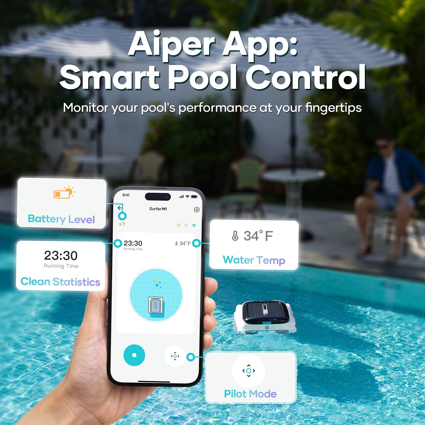 Aiper Surfer M1 Automatic Pool Skimmer Robotic Surface Cleaner with App Control & Solar Powered