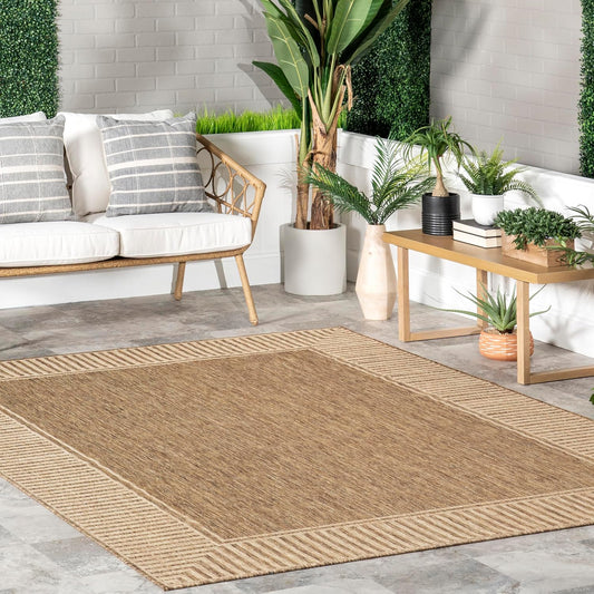 nuLOOM 7" x 9' Outdoor Area Rug, Casual Design With Striped Border, Stain Resistant, Highly Durable, For Patio, Balcony, Bedroom, Living Room, Dining Room, Bathroom, Light Brown