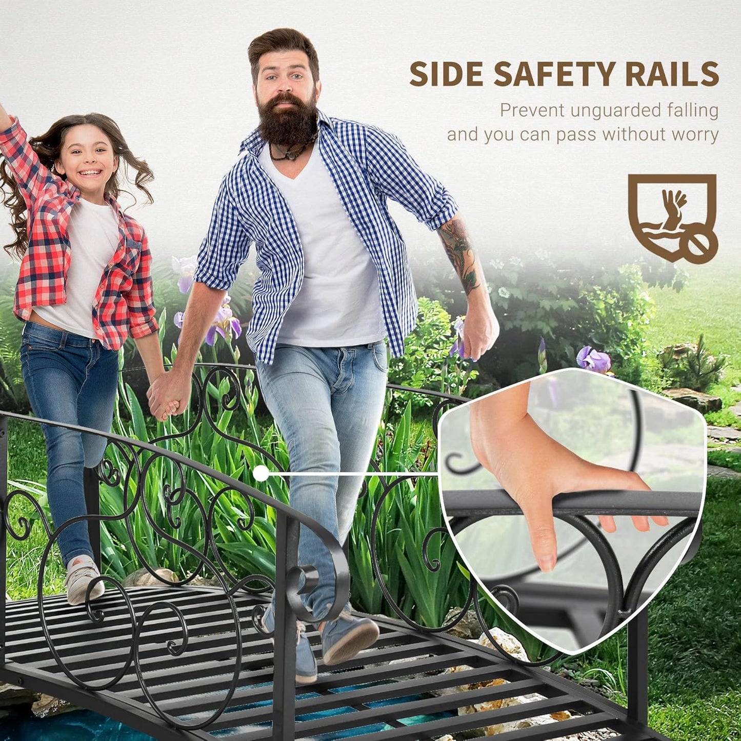 Outsunny 6' Metal Arch Backyard Garden Bridge, Safety Siderails, Arc Footbridge for Backyard Creek, Stream, Pond, Black