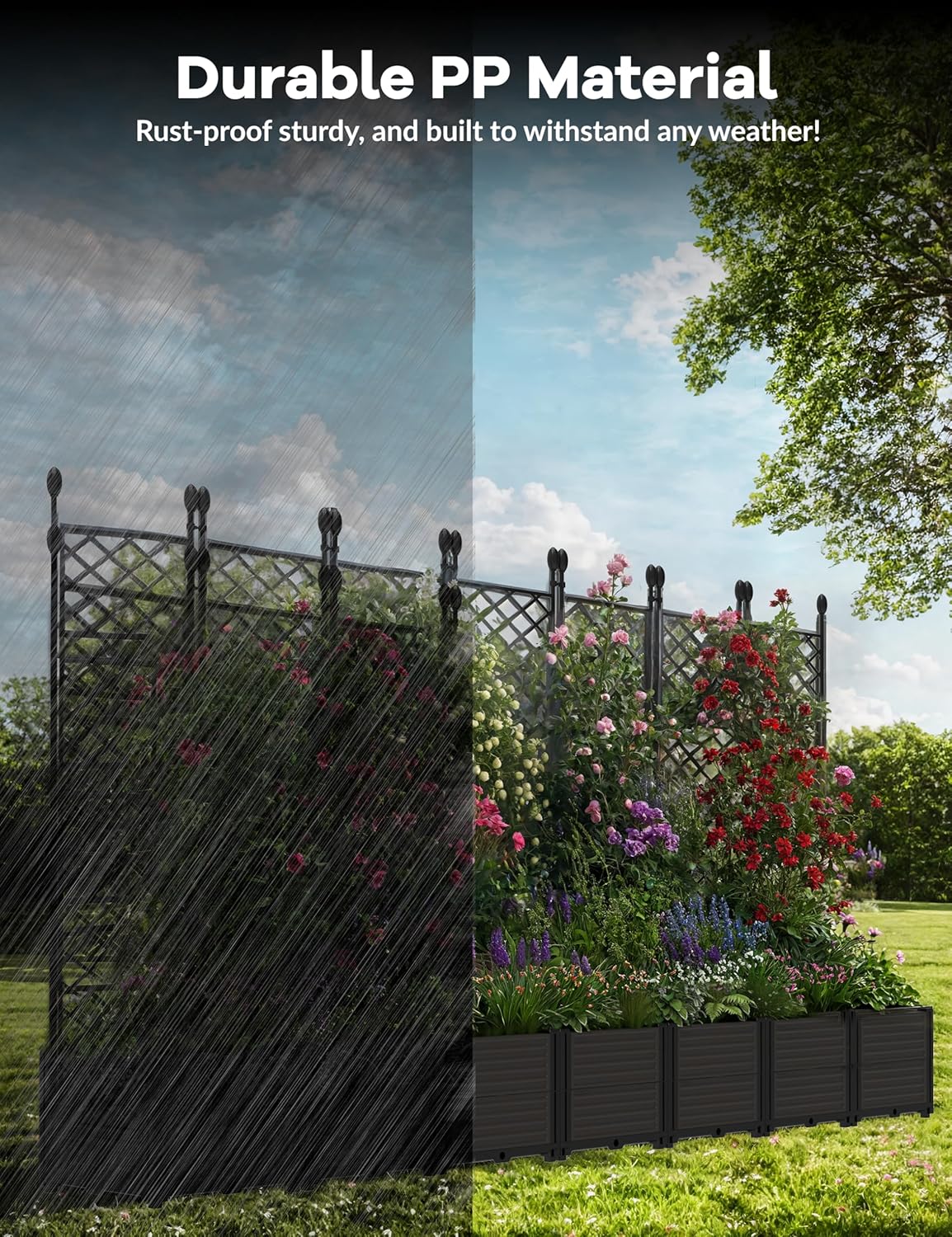 7 PCS Plastic Plant Box with Metal Trellis, Raised Garden Bed with Trellis Planter for Climbing Plant Outdoor Raised Privacy Screen for Patio Balcony,Planter Box for Backyard Patio
