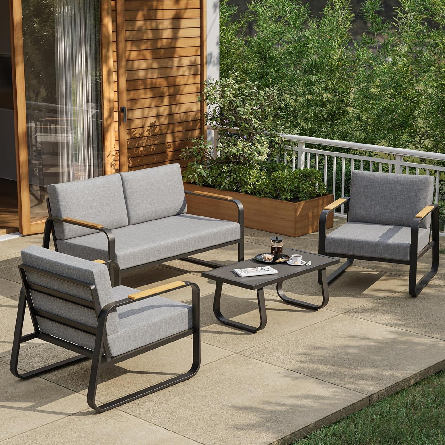 EAST OAK Patio Furniture Set, 4-Piece Outdoor Patio Set with Sofa, Removable & Washable Deep Seating Cushion, Tempered Glass Table, Outside Patio Conversation Sets, 25 Upgraded, Light Gray & Black
