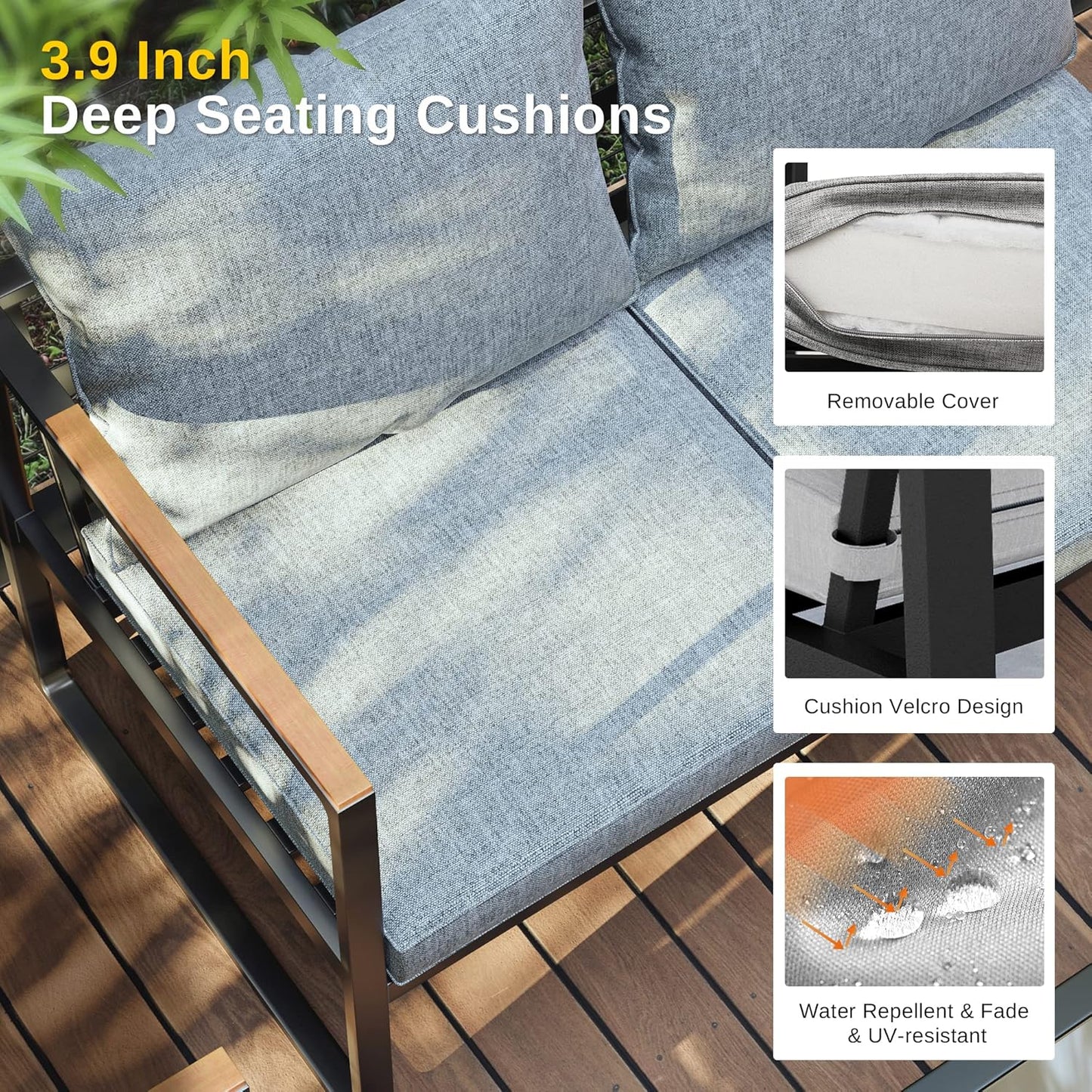 EAST OAK Patio Furniture Set, 4-Piece Outdoor Patio Set with Sofa, Removable & Washable Deep Seating Cushion, Tempered Glass Table, Outside Patio Conversation Sets, 25 Upgraded, Light Gray & Black