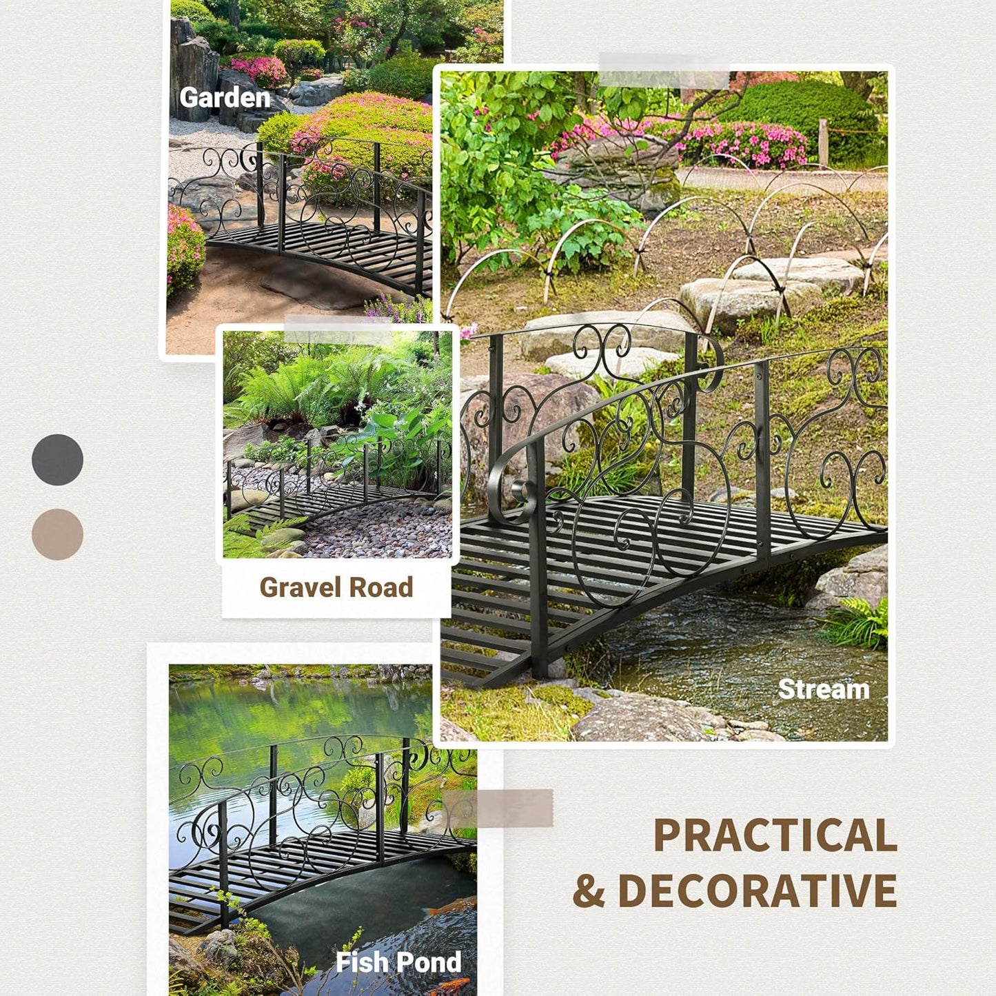 Outsunny 6' Metal Arch Backyard Garden Bridge, Safety Siderails, Arc Footbridge for Backyard Creek, Stream, Pond, Black